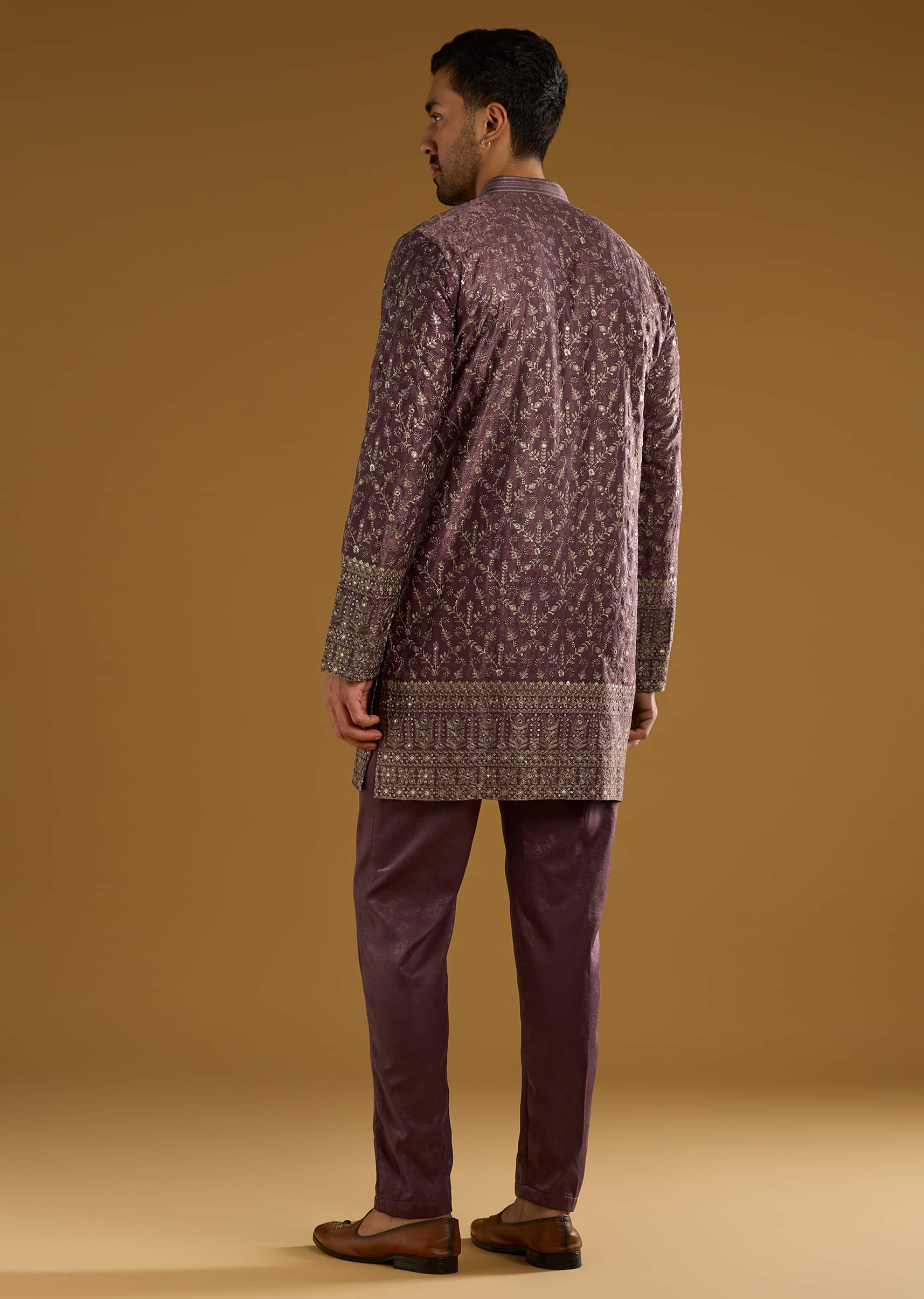 Purple Silk Kurta Set For Men With Intricate Hand Embroidery - Image 5