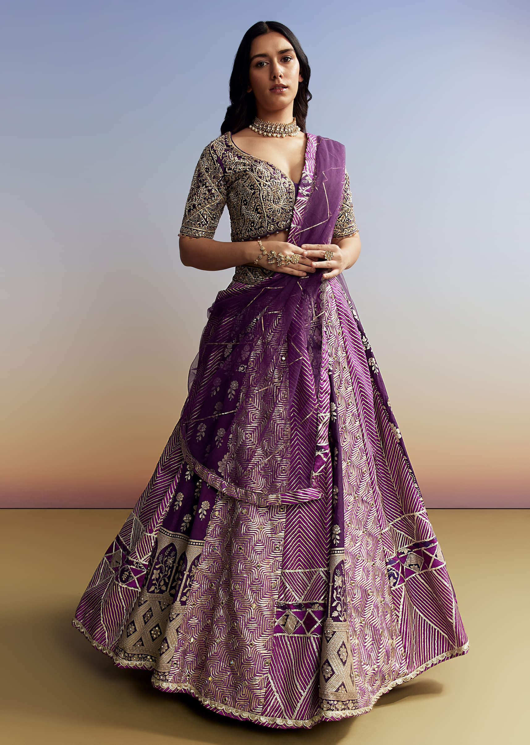 Purple Silk Lehenga with Embellished Choli - Image 6