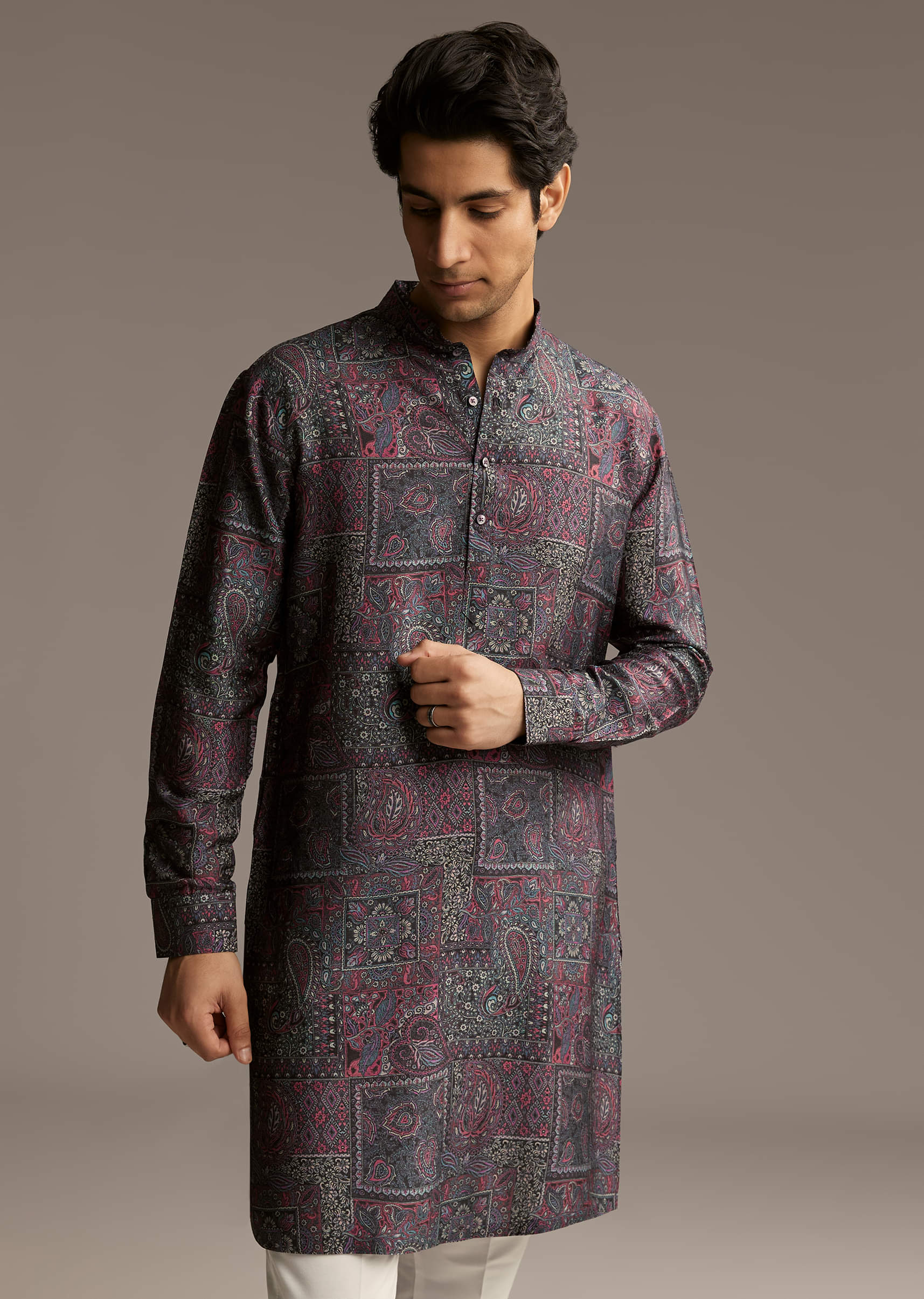 Purple Silk Printed Designer Kurta For Men - Image 7