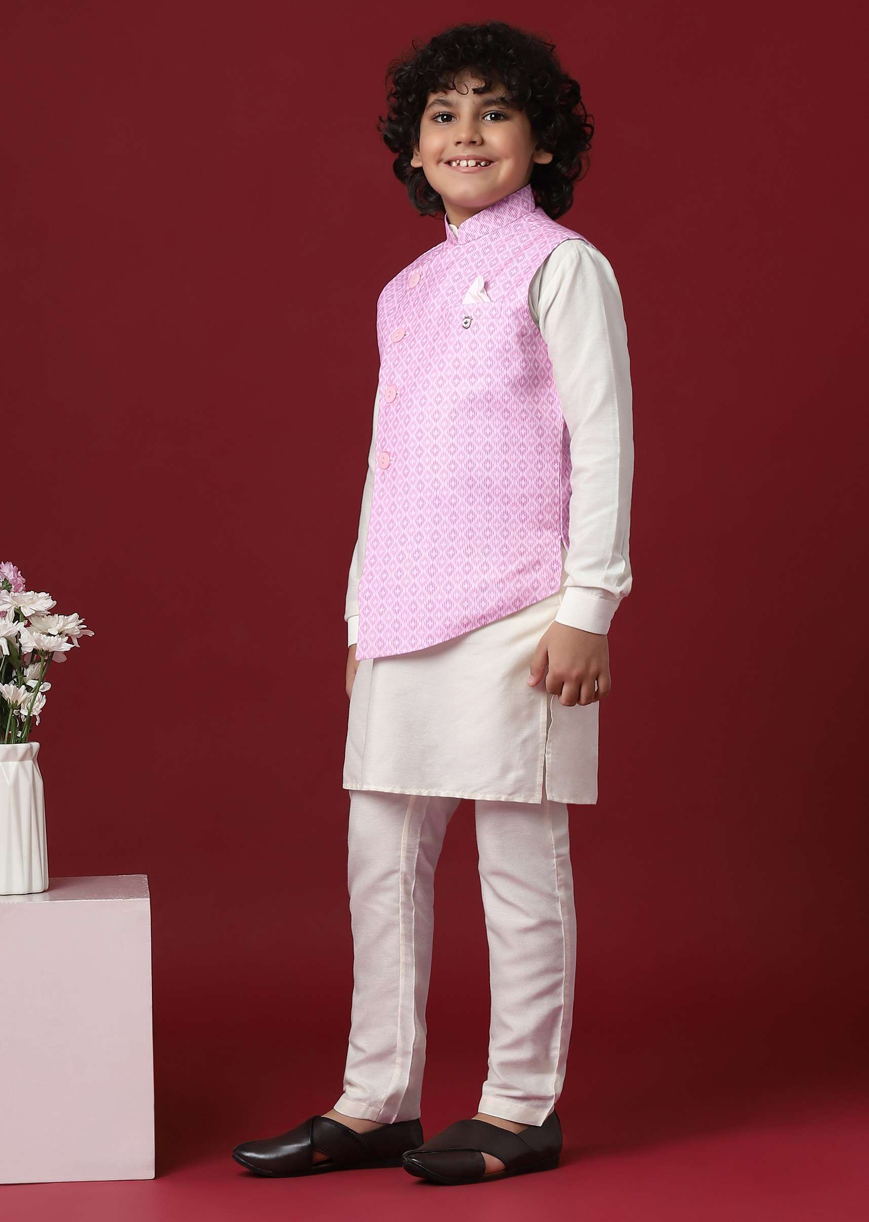 Purple Silk Printed Jacket Kurta Set for Boys - Image 2