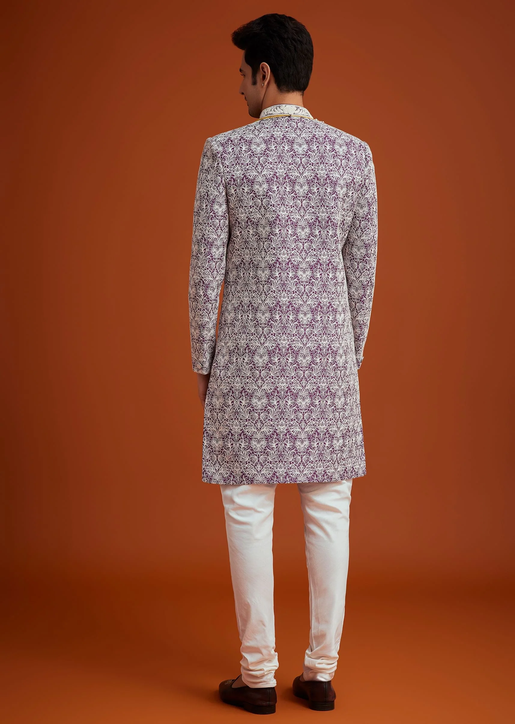 Purple Silk Sherwani Set With Bead Work And Embroidery - Image 5