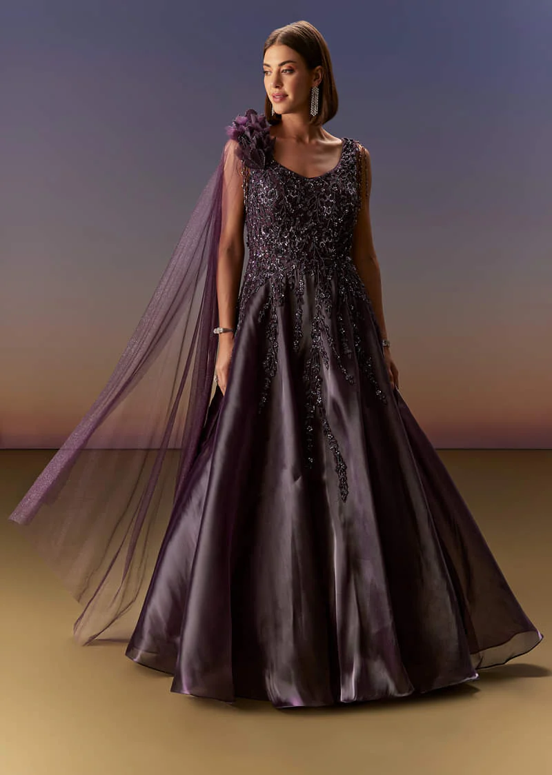 Purple Sleeveless Gown With Floral Shoulder Embroidery And Trail - Image 4
