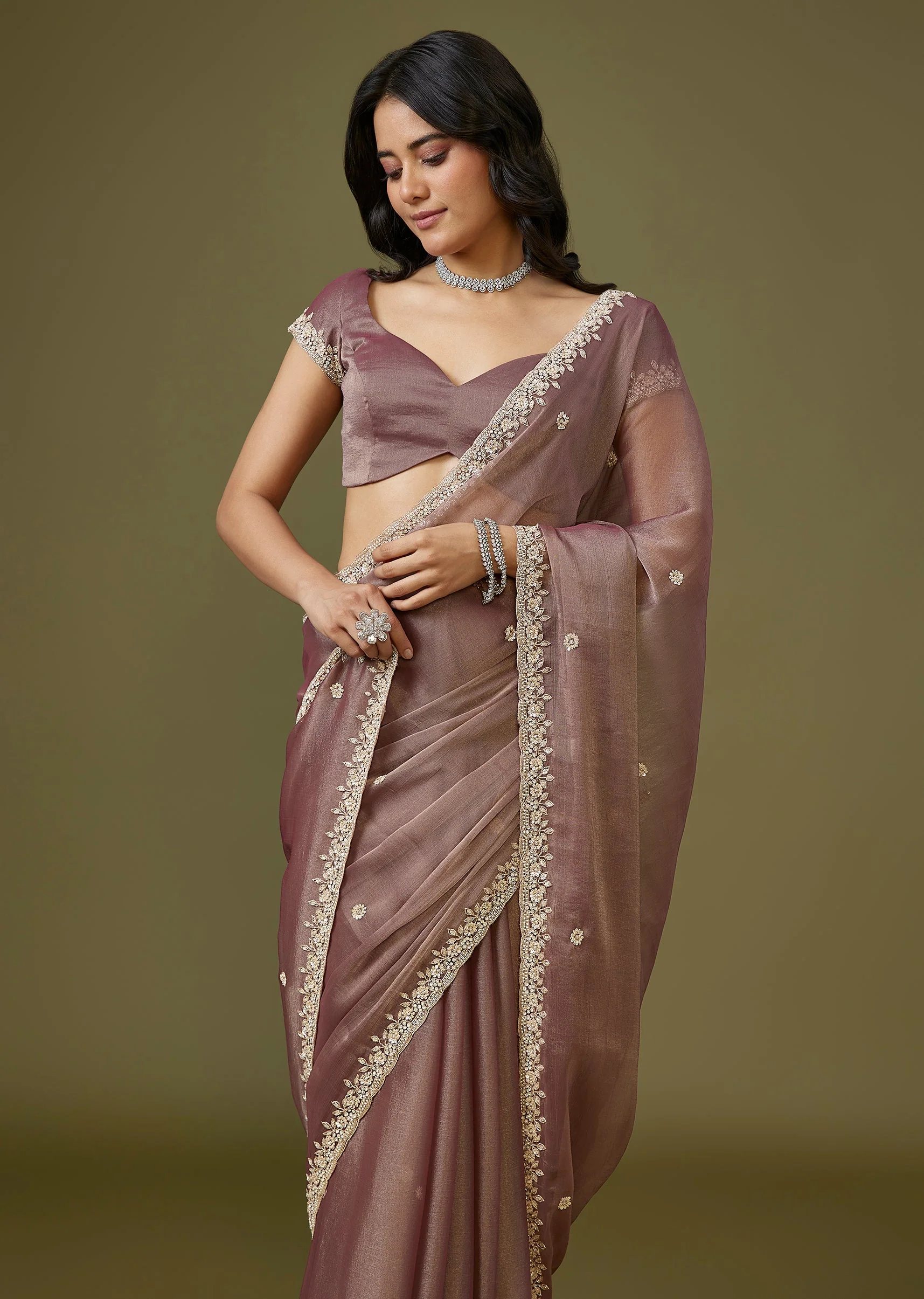 Purple Tissue Saree With Floral Border - Image 5