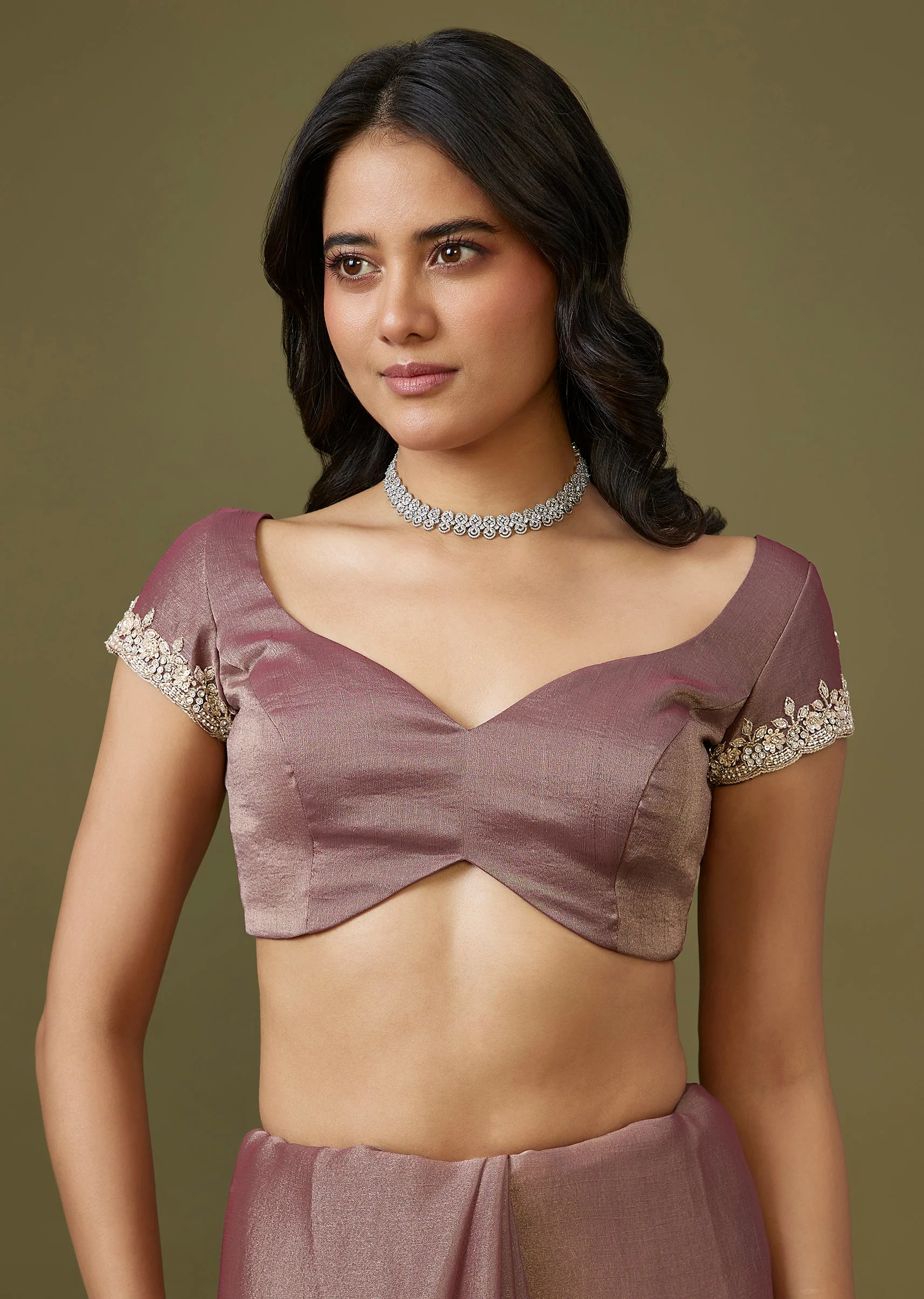Purple Tissue Saree With Floral Border - Image 7