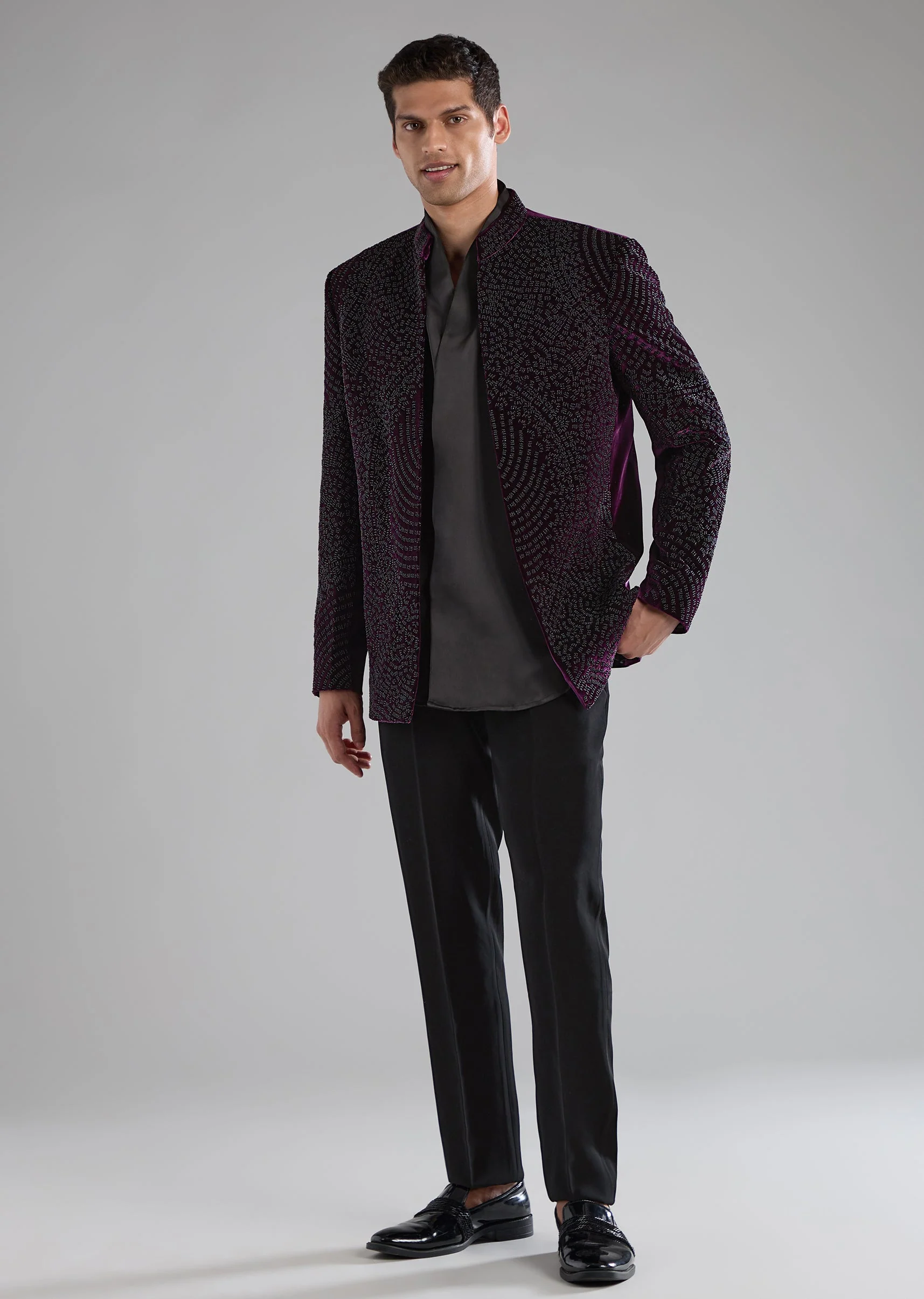 Purple Velvet Jodhpuri Shirt Set with Bead Work - Image 2