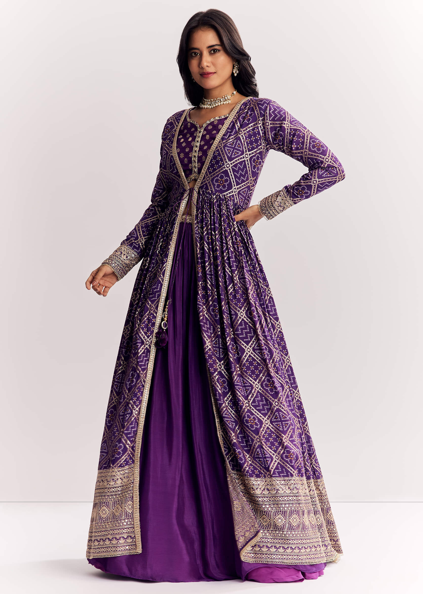 Purple Weave Silk Indowestern Set With Bandhani Print Zari Work Jacket - Image 4