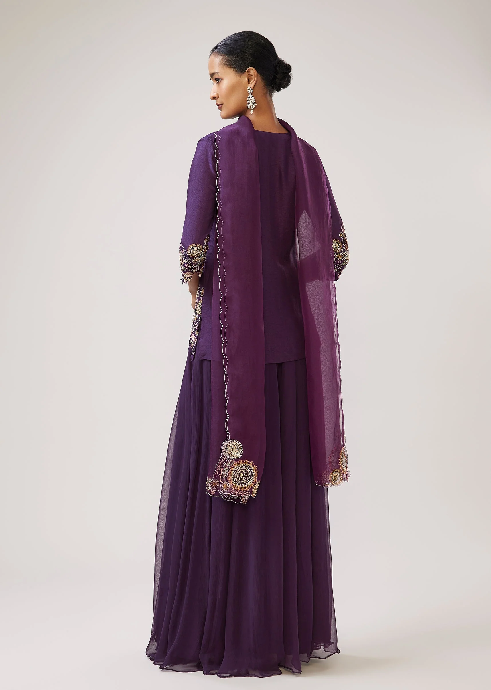 Purple Zari Resham Palazzo Set In Silk With Dupatta - Image 5