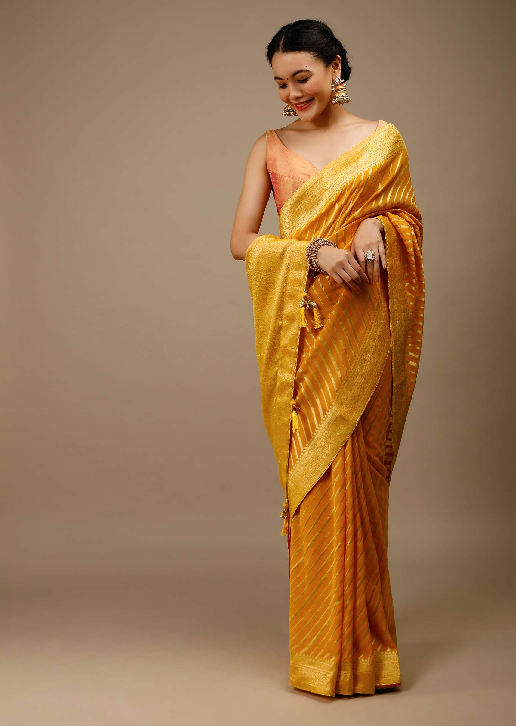 Radiant Yellow Saree In Georgette With Brocade Woven Diagonal Stripes And Floral Border - Image 5