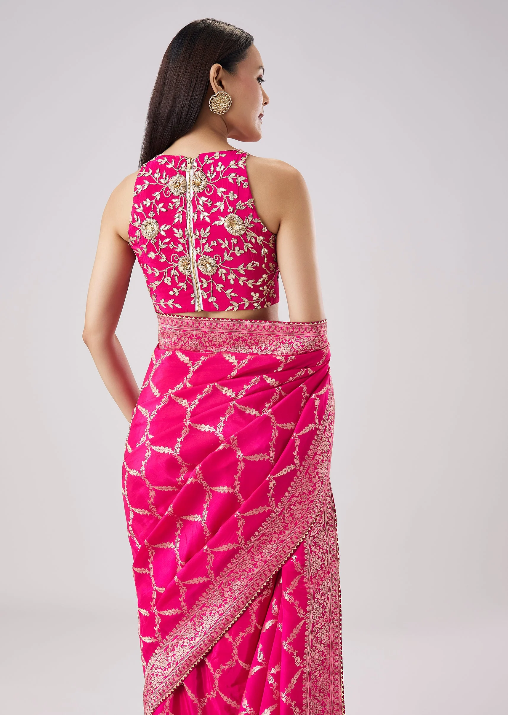 Rani Pink Abstract Woven Saree With Unstitched Blouse - Image 6