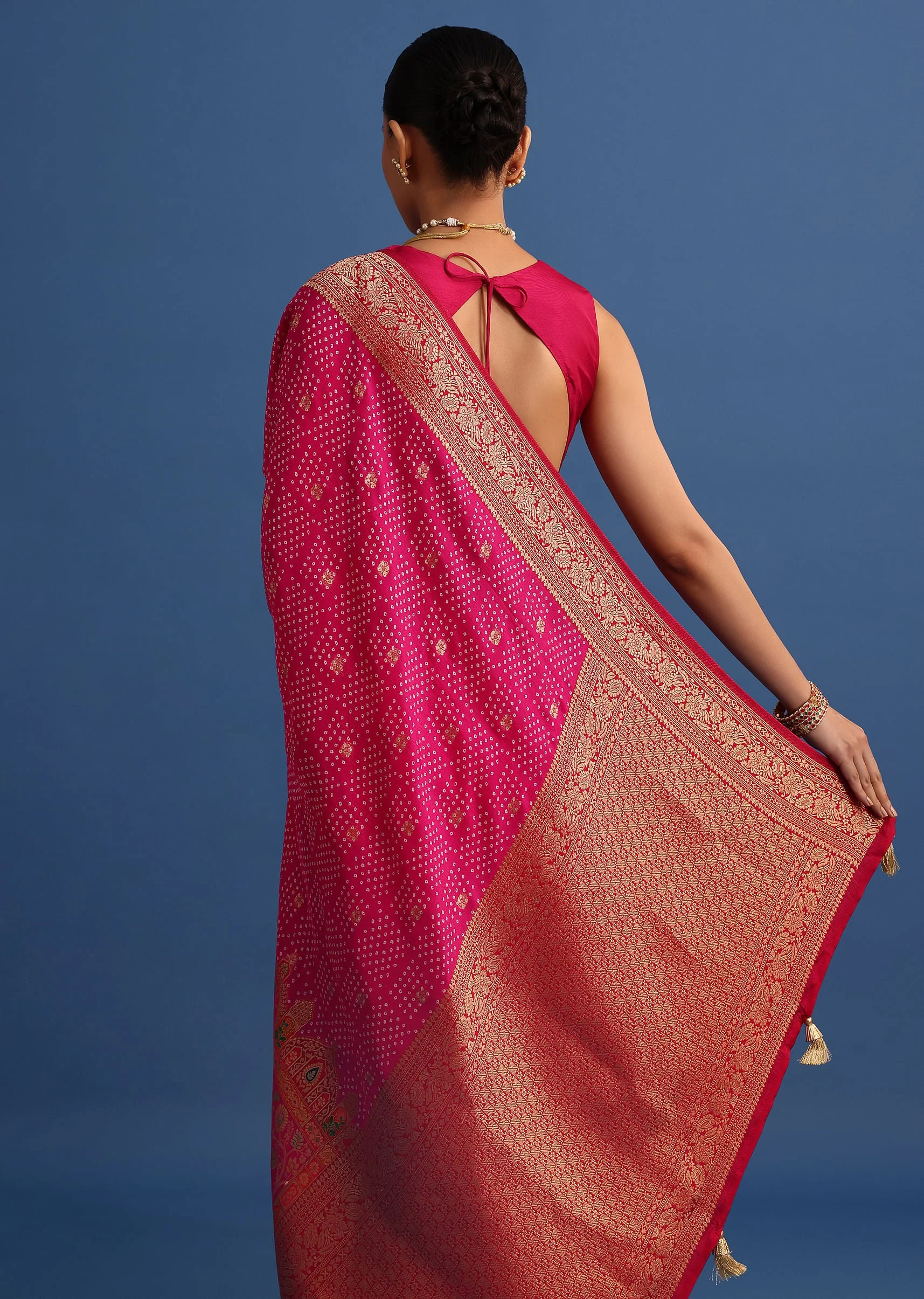 Rani Pink Banarasi Bandhani Satin Saree With Brocade Motifs On Border - Image 6