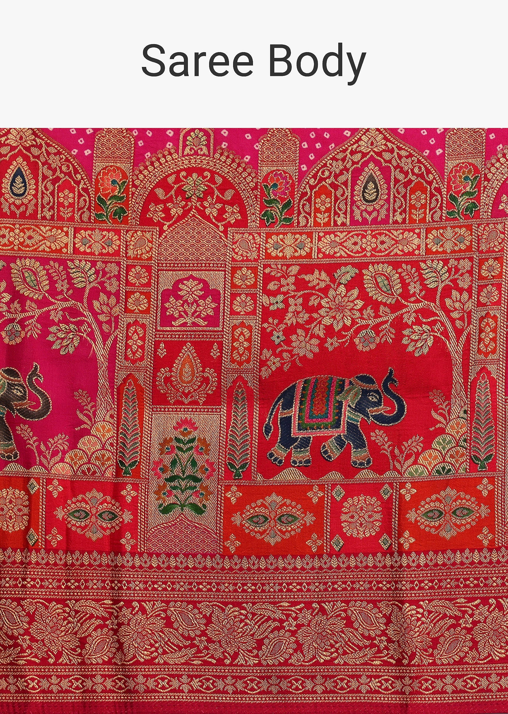 Rani Pink Banarasi Bandhani Satin Saree With Brocade Motifs On Border - Image 9