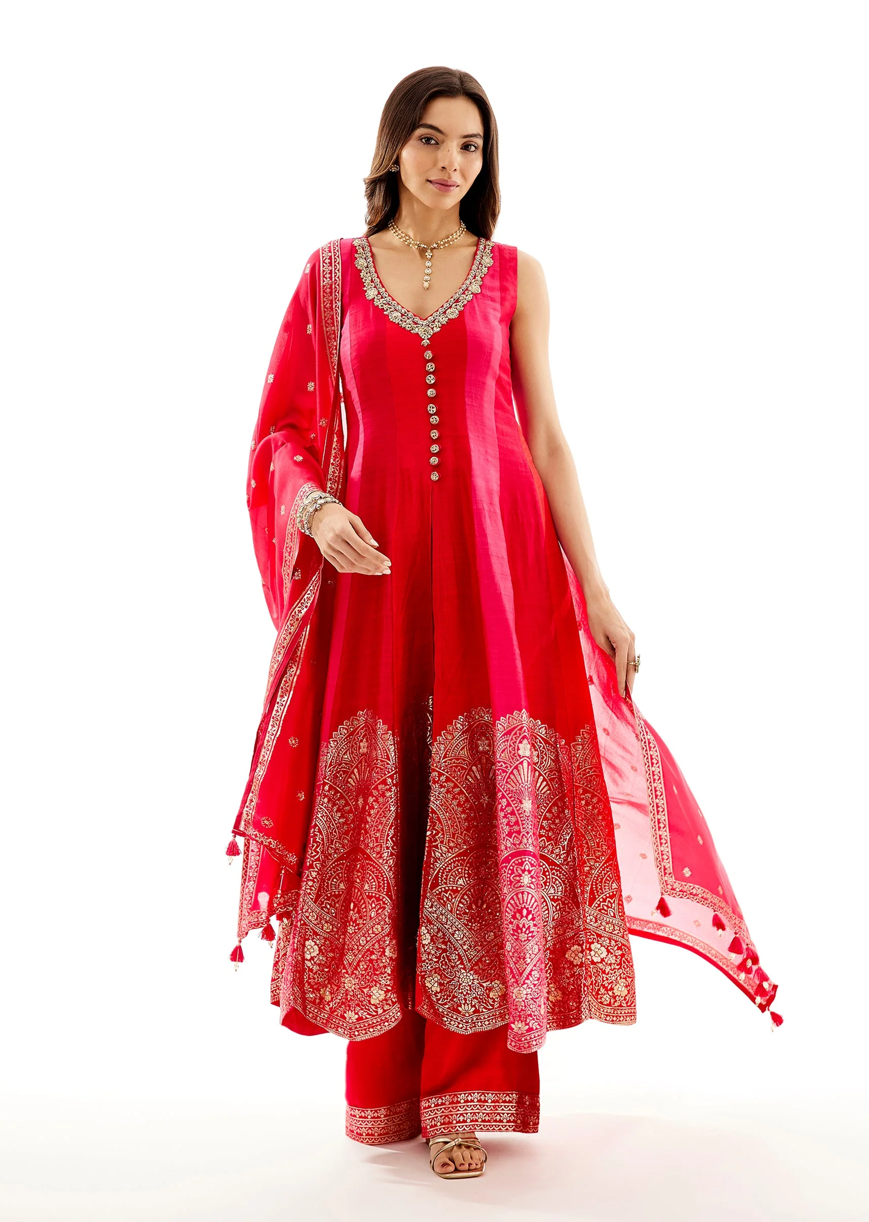 Rani Pink Banarasi Silk Anarkali And Dupatta With Zardosi Neck Work - Image 3