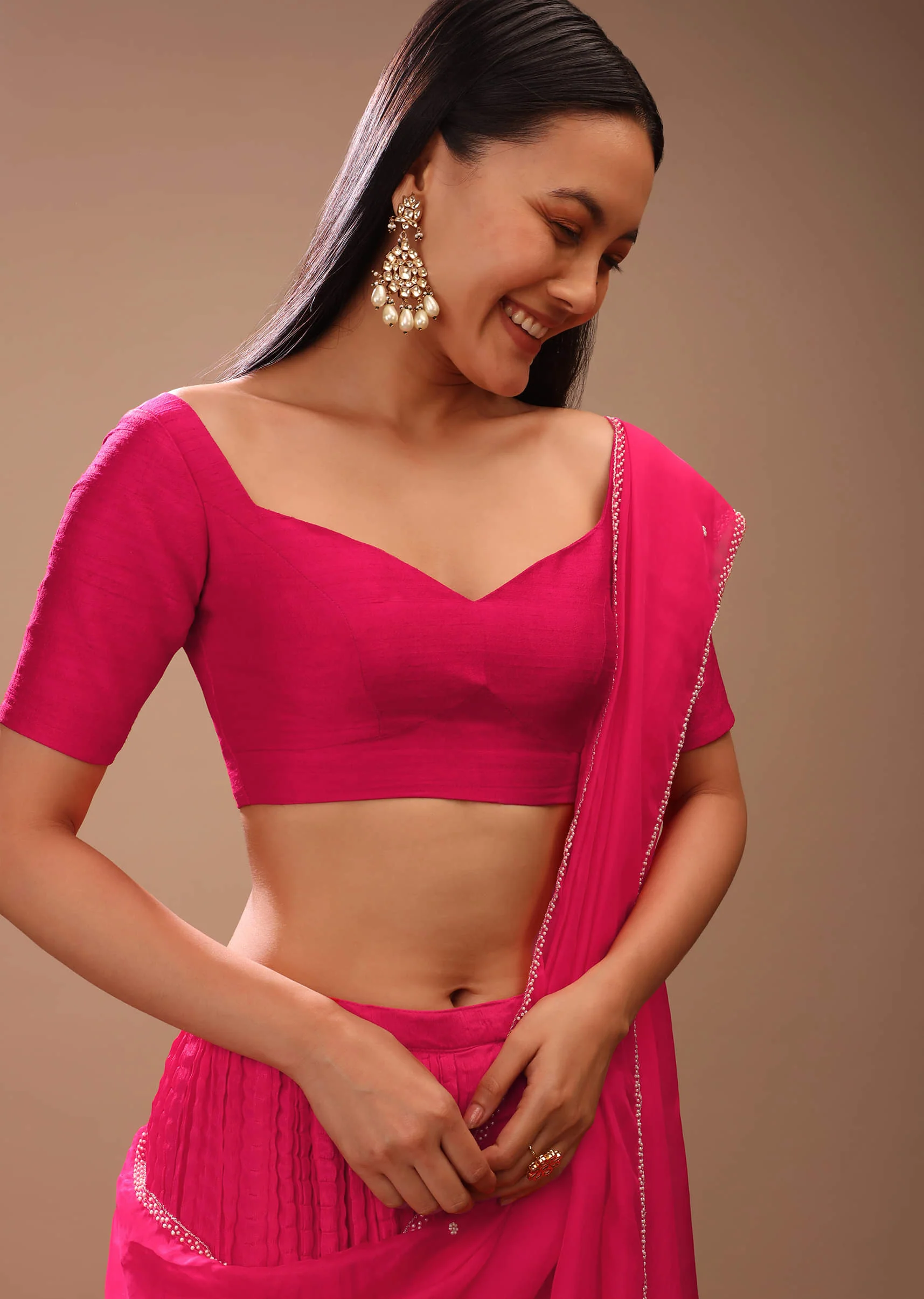 Rani Pink Blouse In Raw Silk With Half Sleeves And Sweetheart Neckline - Image 5