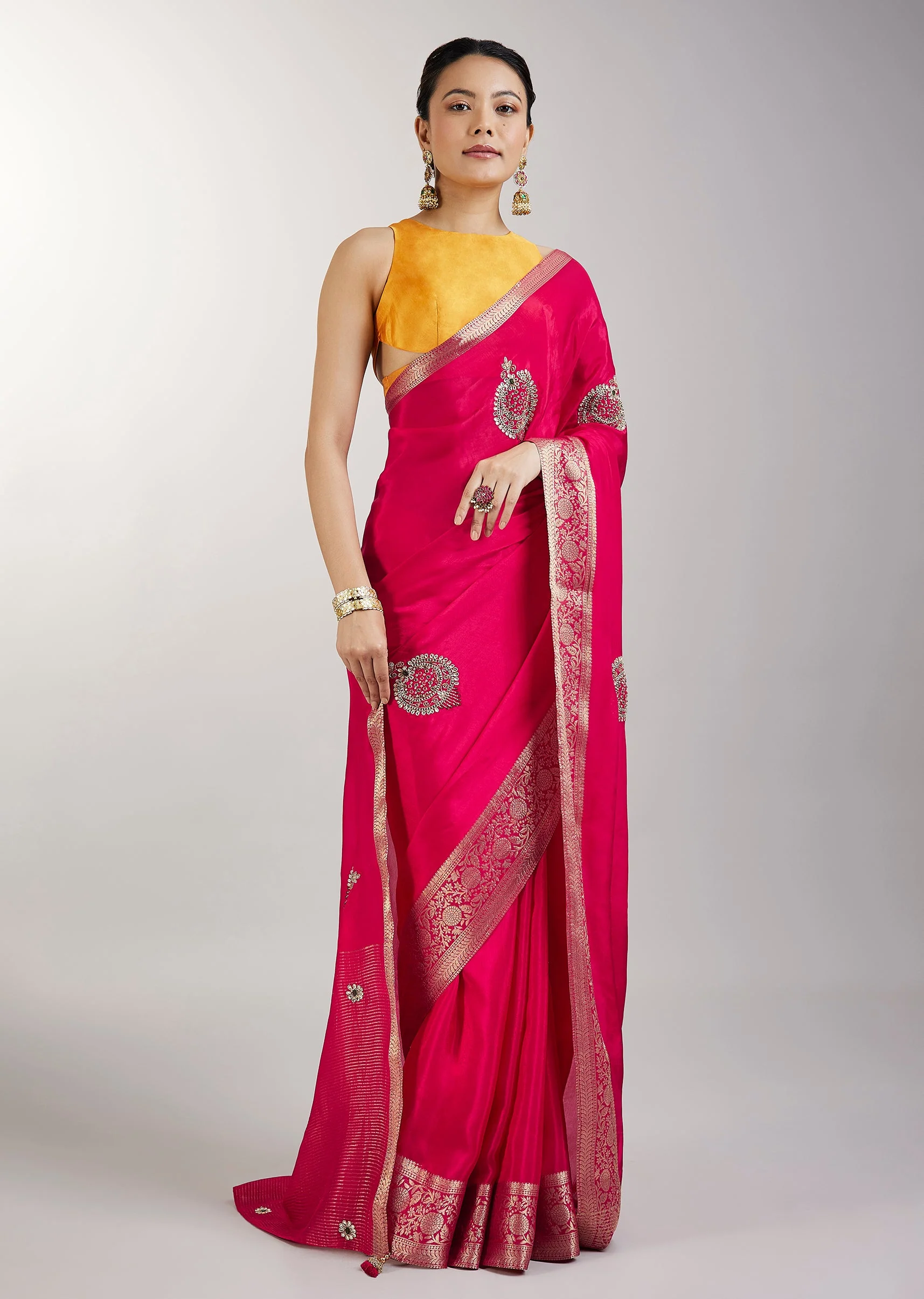 Rani Pink Crepe Saree With Embroidered Butti And Zari Border - Image 3