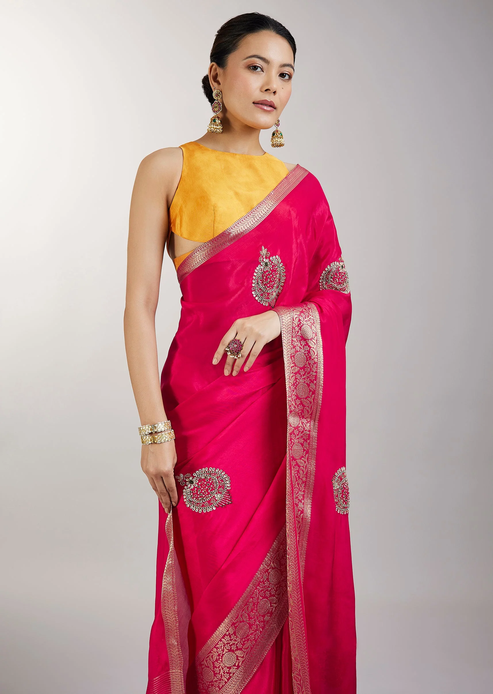 Rani Pink Crepe Saree With Embroidered Butti And Zari Border - Image 5