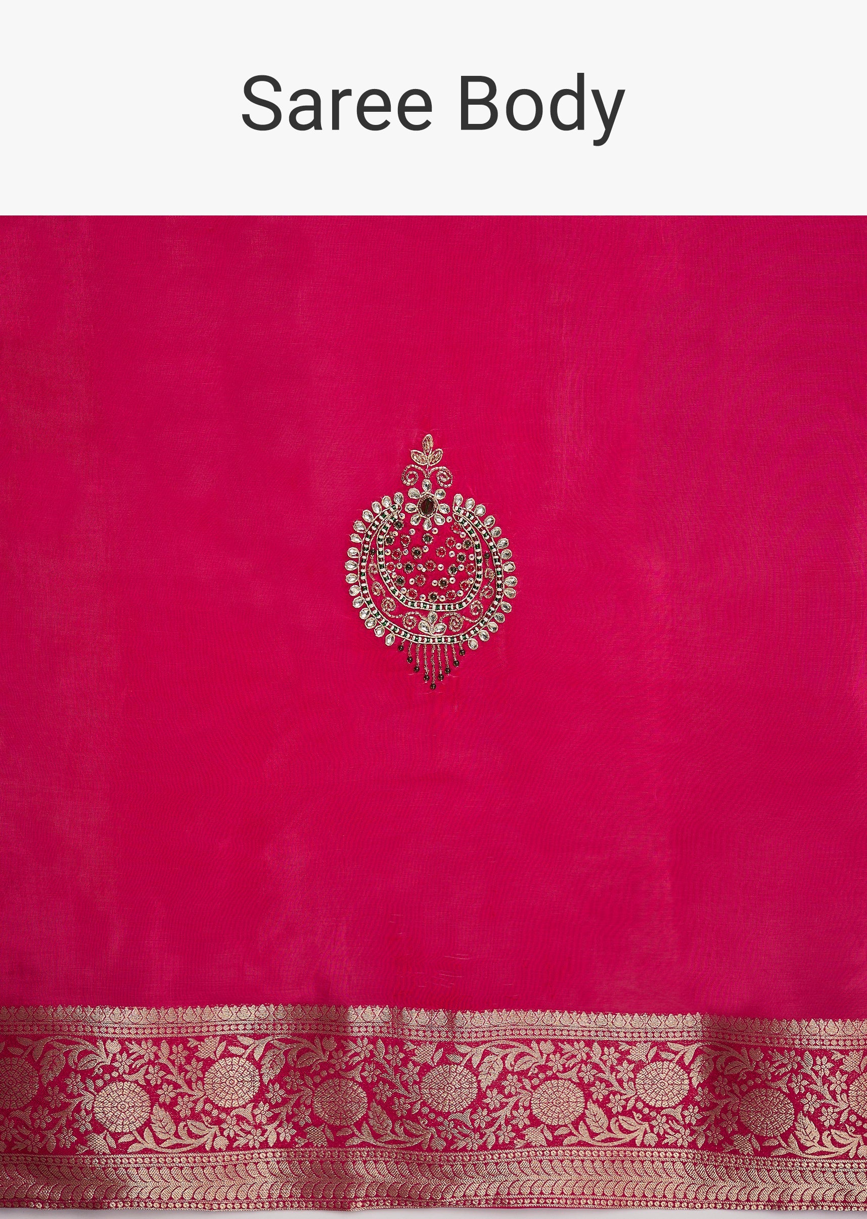 Rani Pink Crepe Saree With Embroidered Butti And Zari Border - Image 9