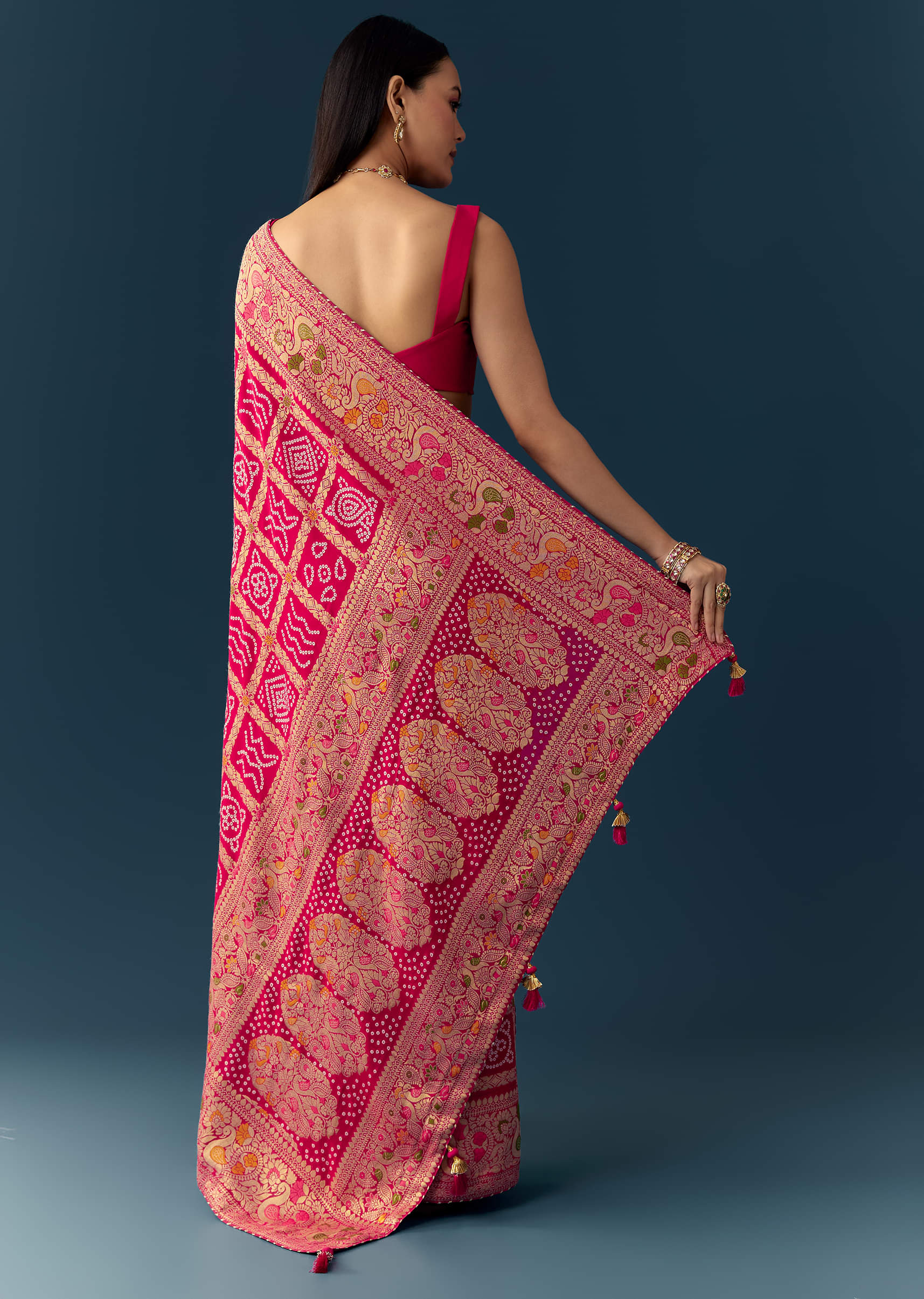 Rani Pink Dola Silk Bandhani Woven Saree with Unstitched Blouse - Image 4