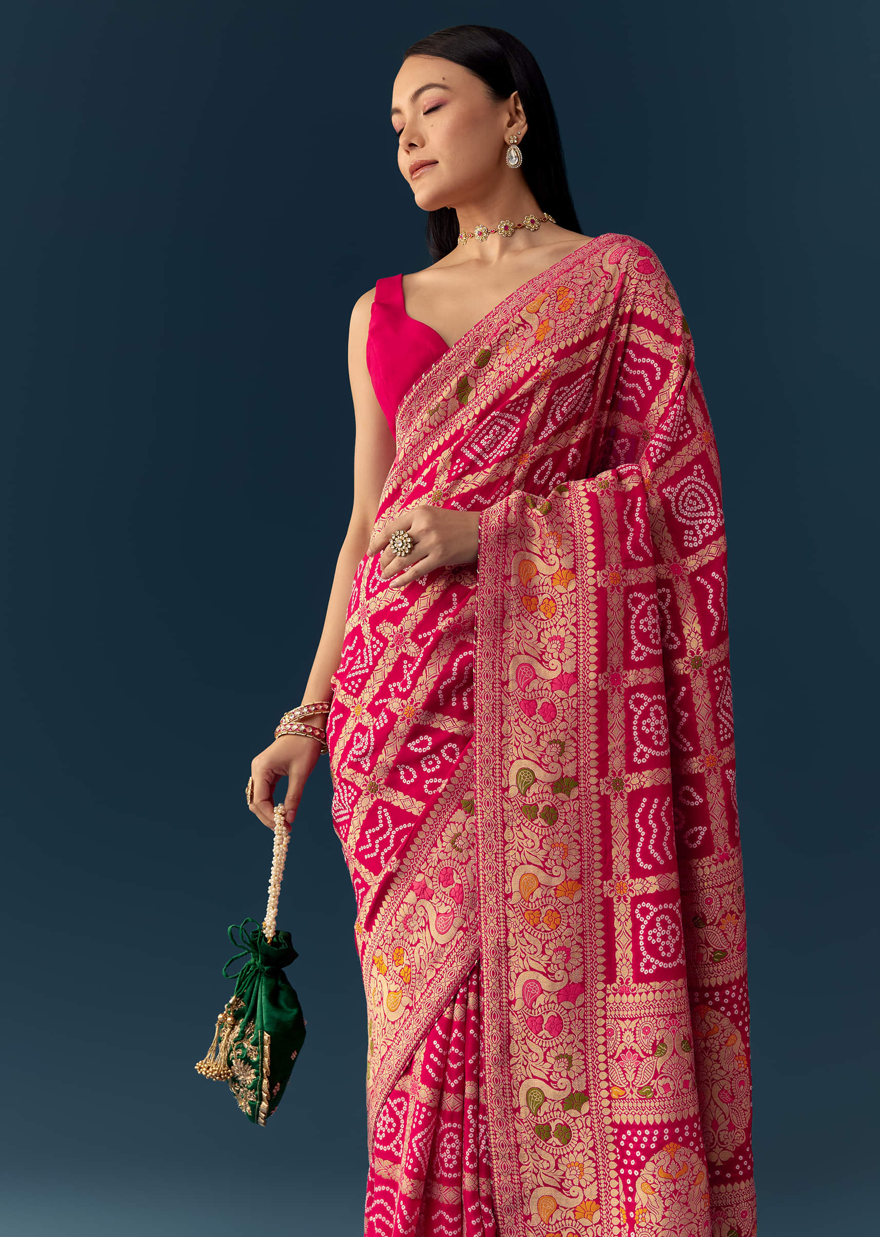 Rani Pink Dola Silk Bandhani Woven Saree with Unstitched Blouse - Image 5
