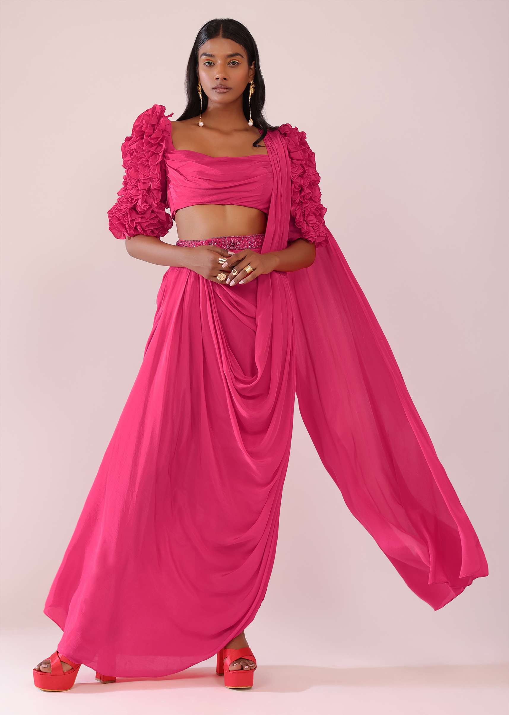 Rani Pink Drape Saree With Fancy Blouse In Crepe - Image 4