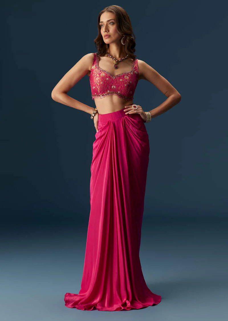Rani Pink Embellished Blouse And Drape Skirt Set With Statement Cape - Image 6