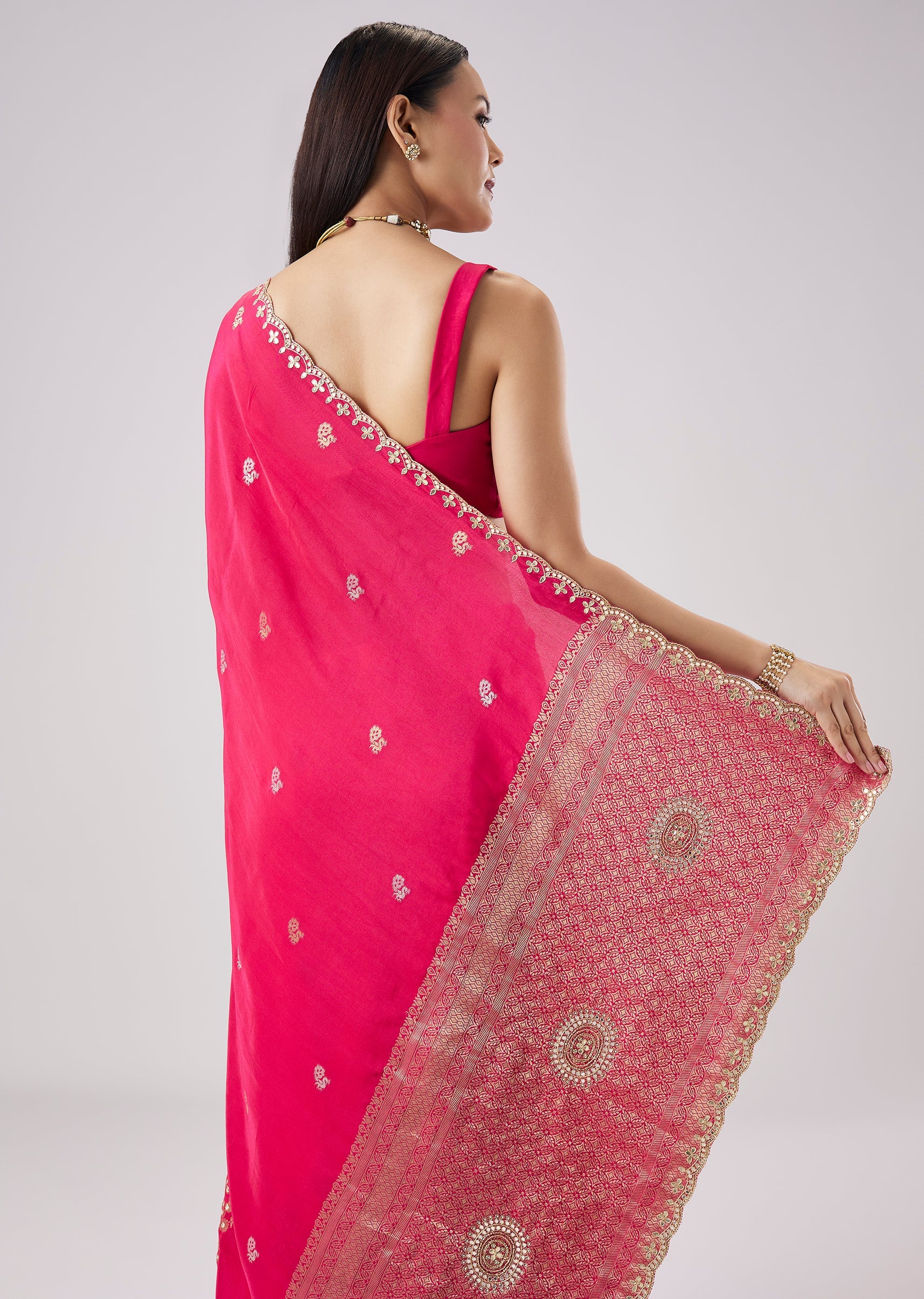 Rani Pink Embroidered Motif Saree With Unstitched Blouse - Image 6