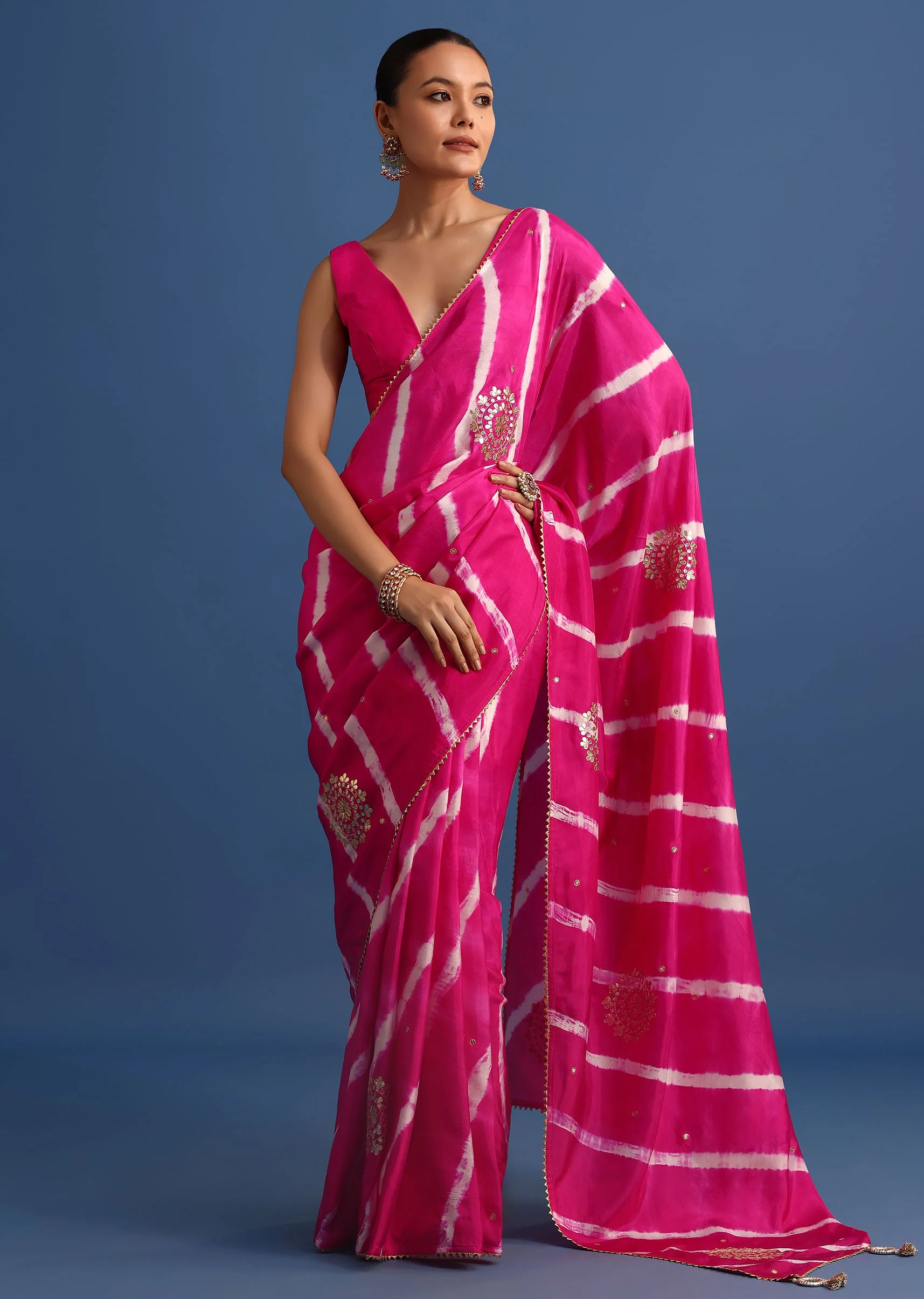 Rani Pink Hand Dyed Lehriya Silk Saree With Gota Patti Work - Image 3