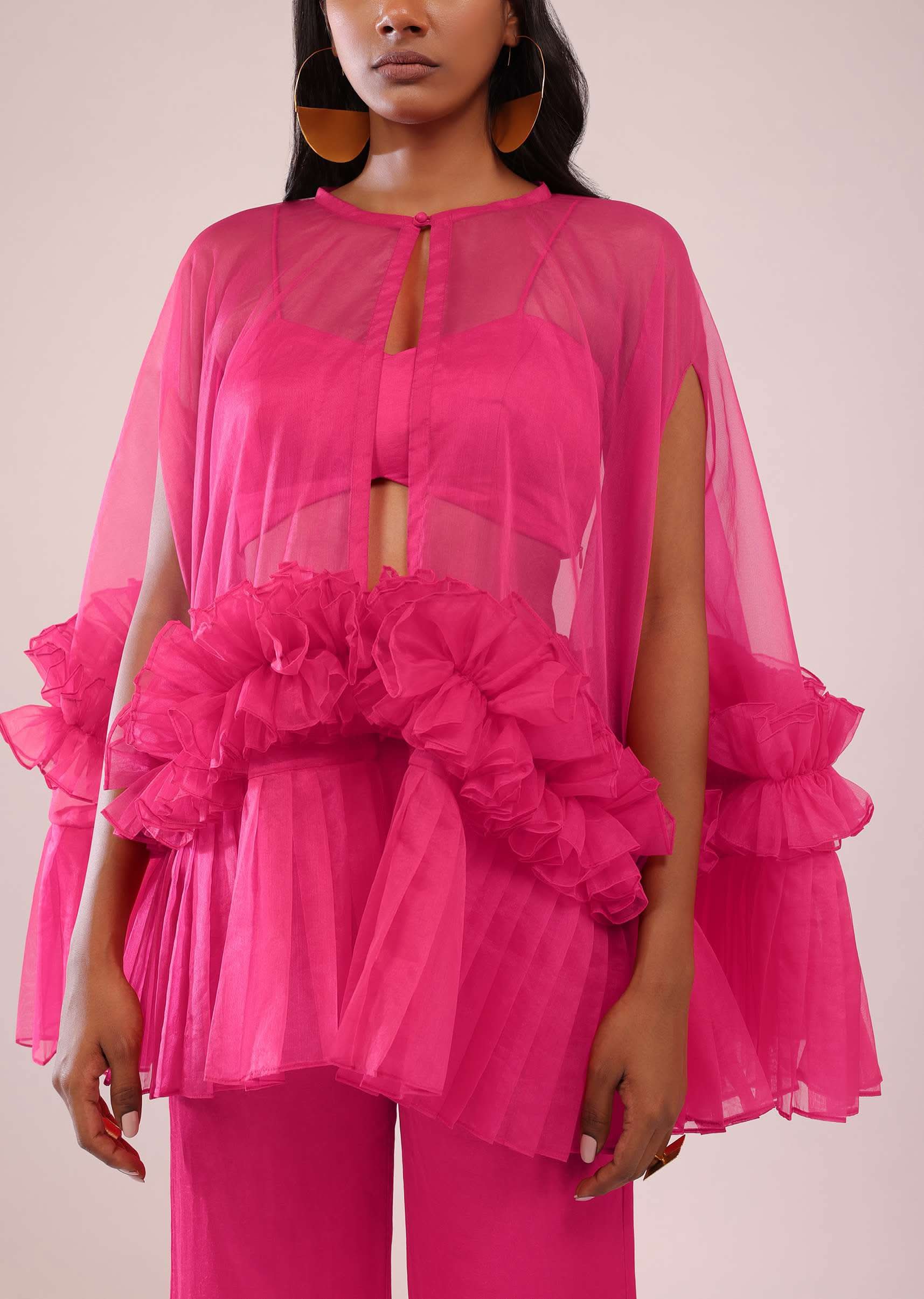 Rani Pink In Organza Frill Jacket & Pant Set With Bustier - Image 5