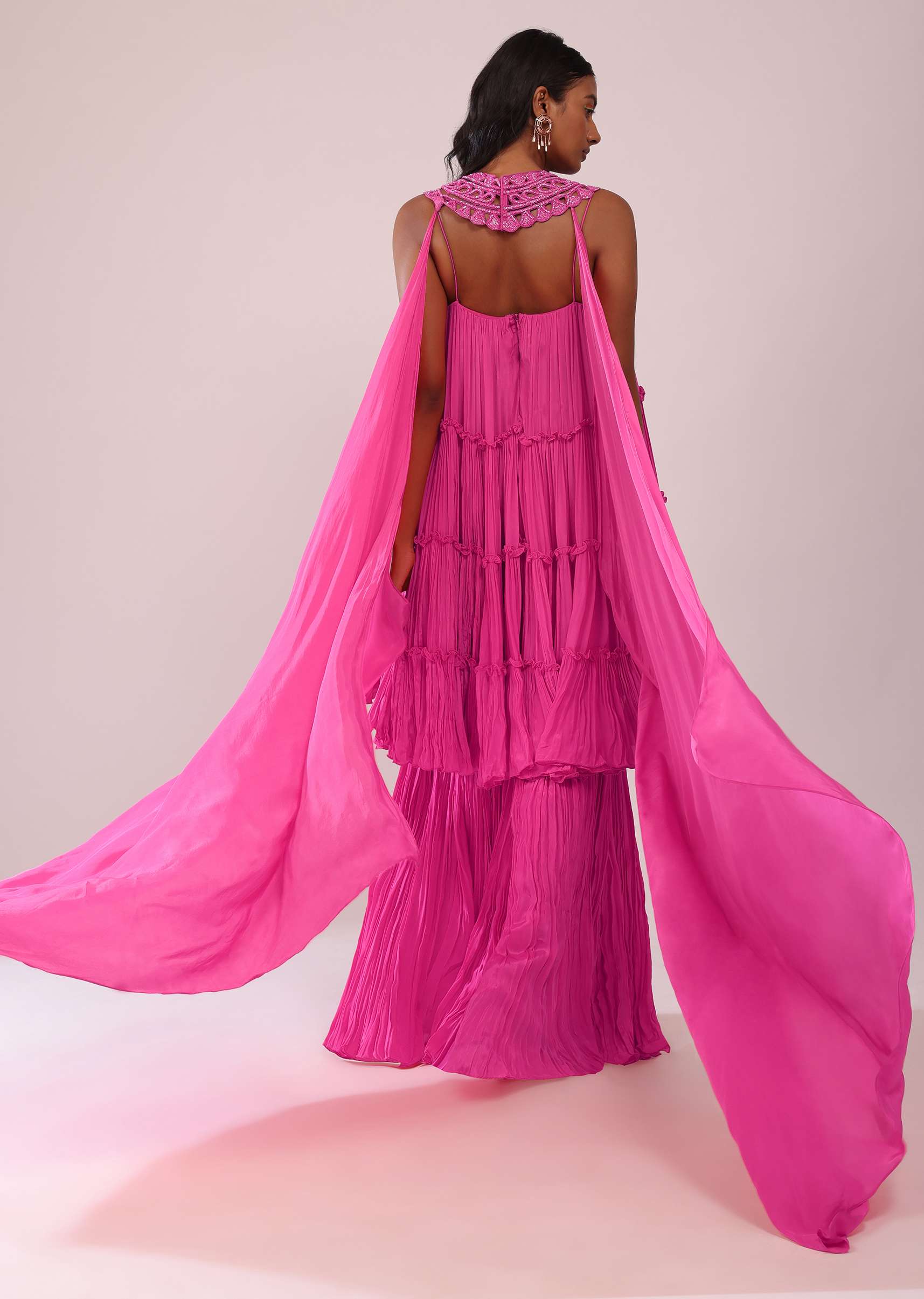 Rani Pink Indowestern Palazzo And Top Set In Crepe With Patch Work - Image 6
