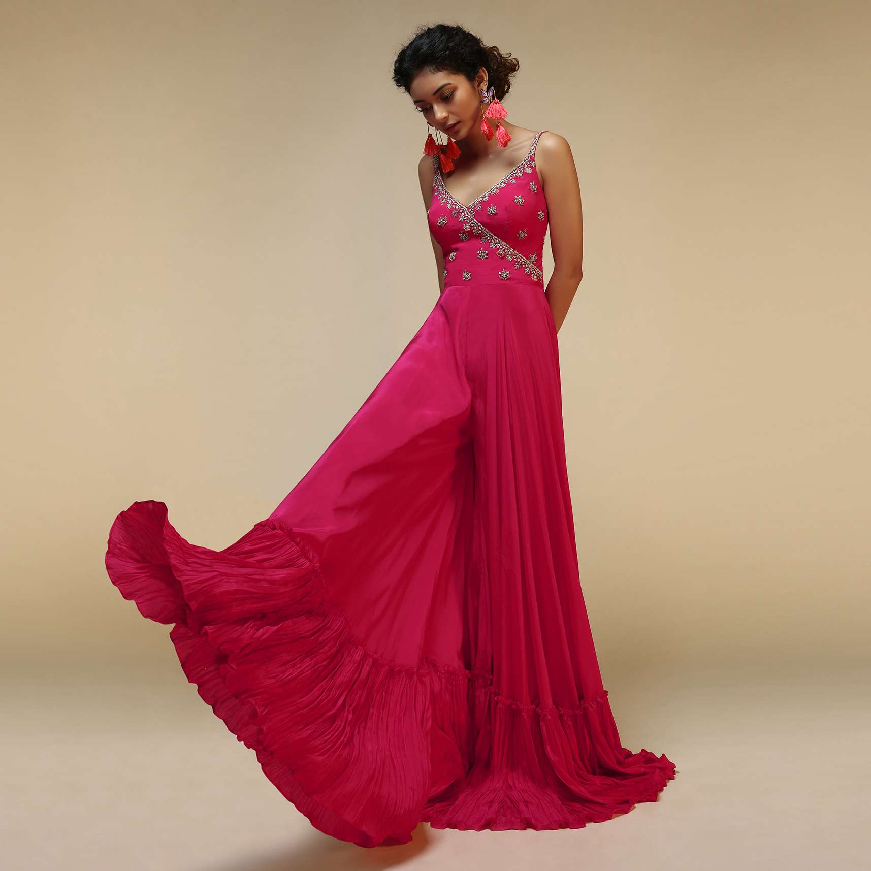 Rani Pink Jumpsuit With An Overlapping Neckline Adorned In Hand Embroidered Buttis Using Cut Dana And Sequins - Image 2