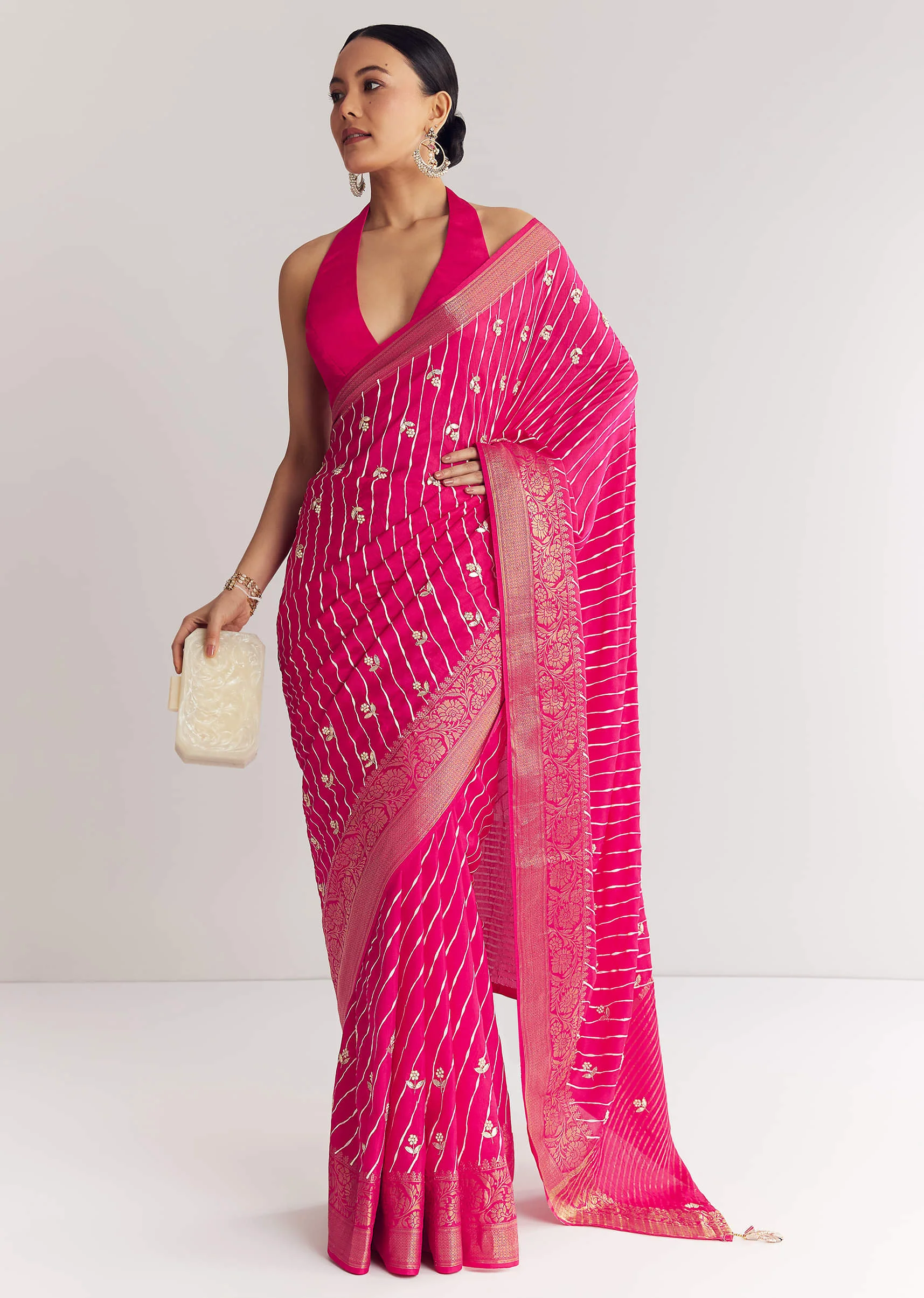 Rani Pink Leheriya Print With Floral Gotapatti And Moti Embroidery. - Image 5