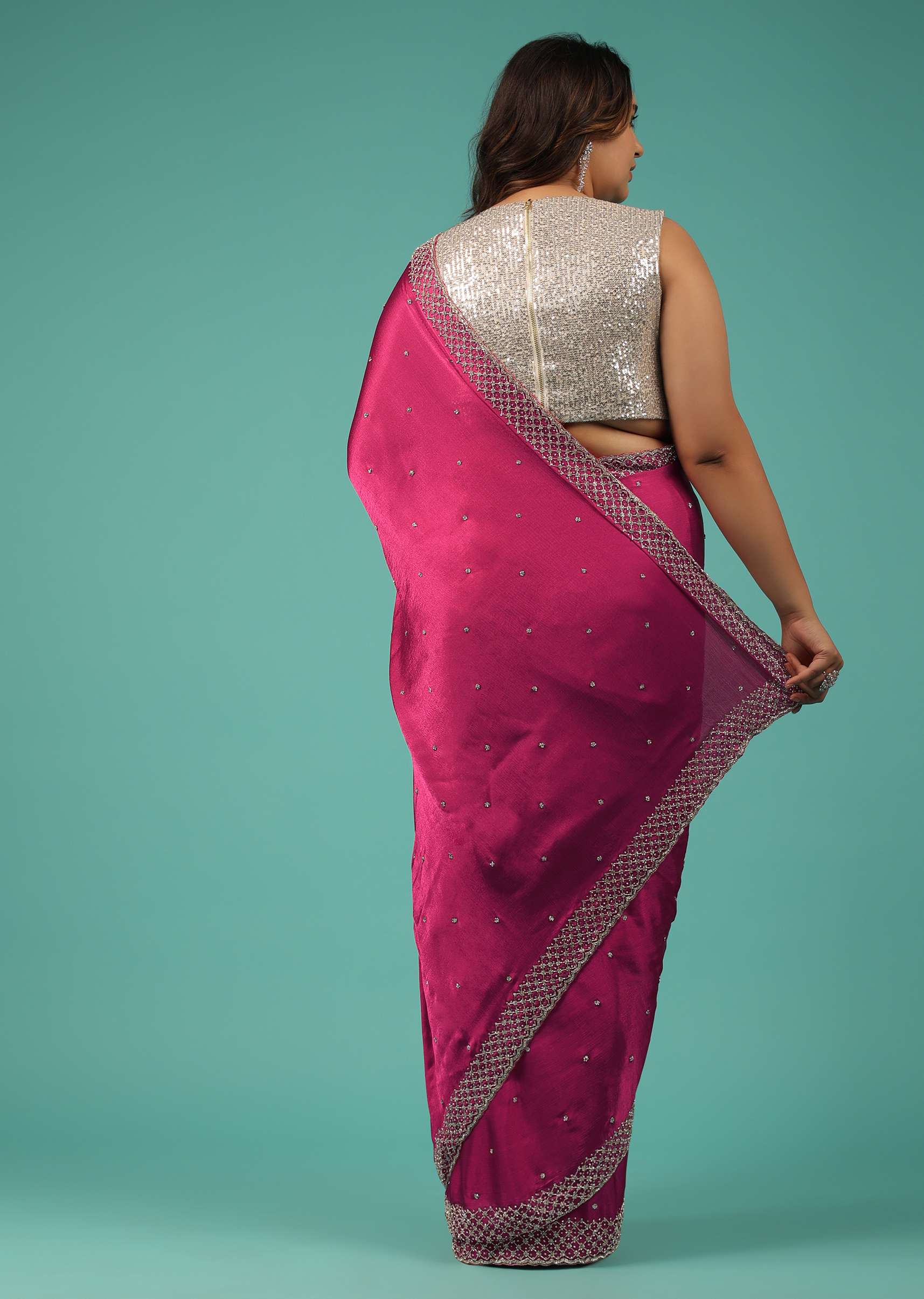 Rani Pink Saree In Chiffon With Cut Dana And Stones Embroidery - Image 4