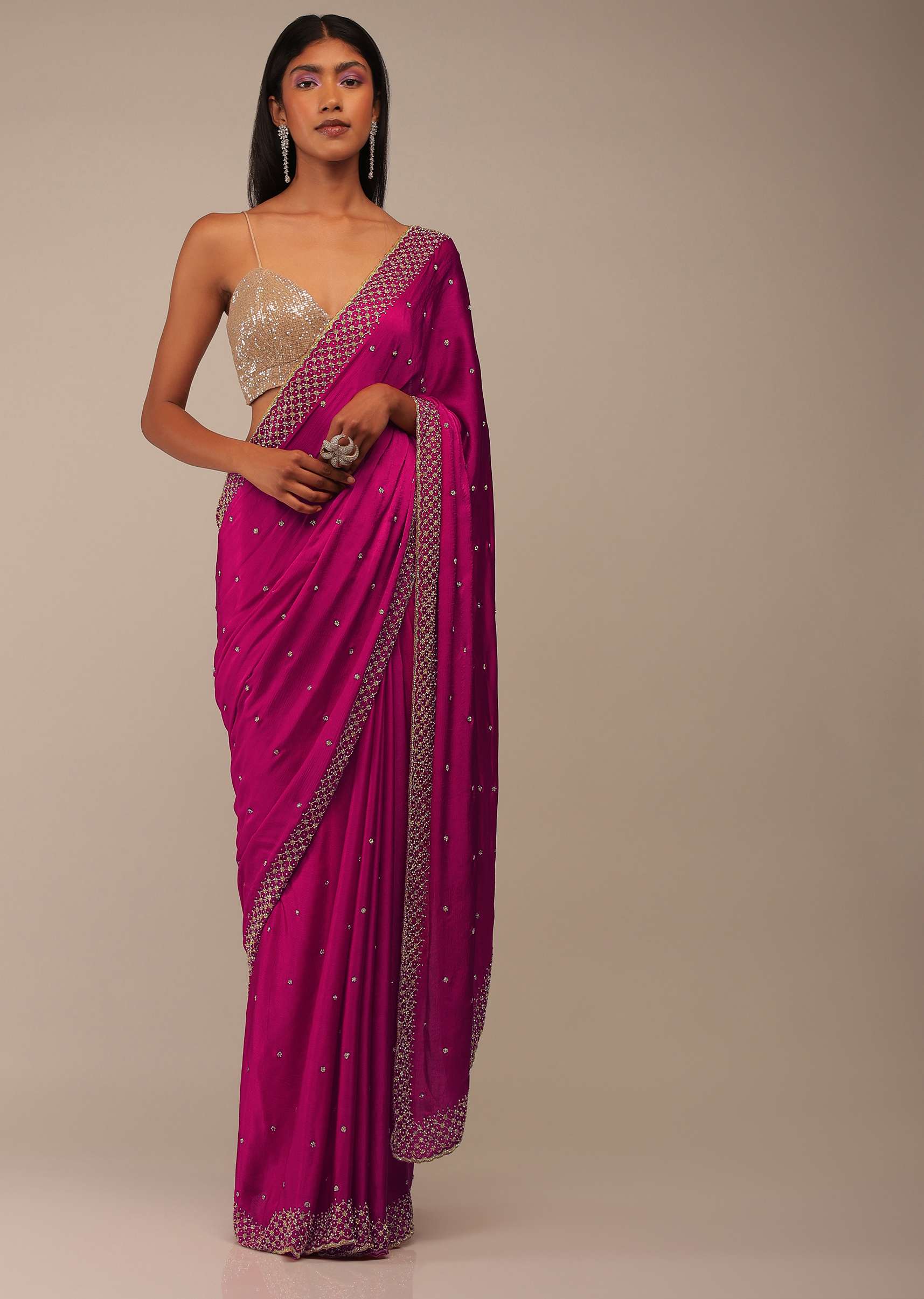 Rani Pink Saree In Chiffon With Cut Dana And Stones Embroidery - Image 8