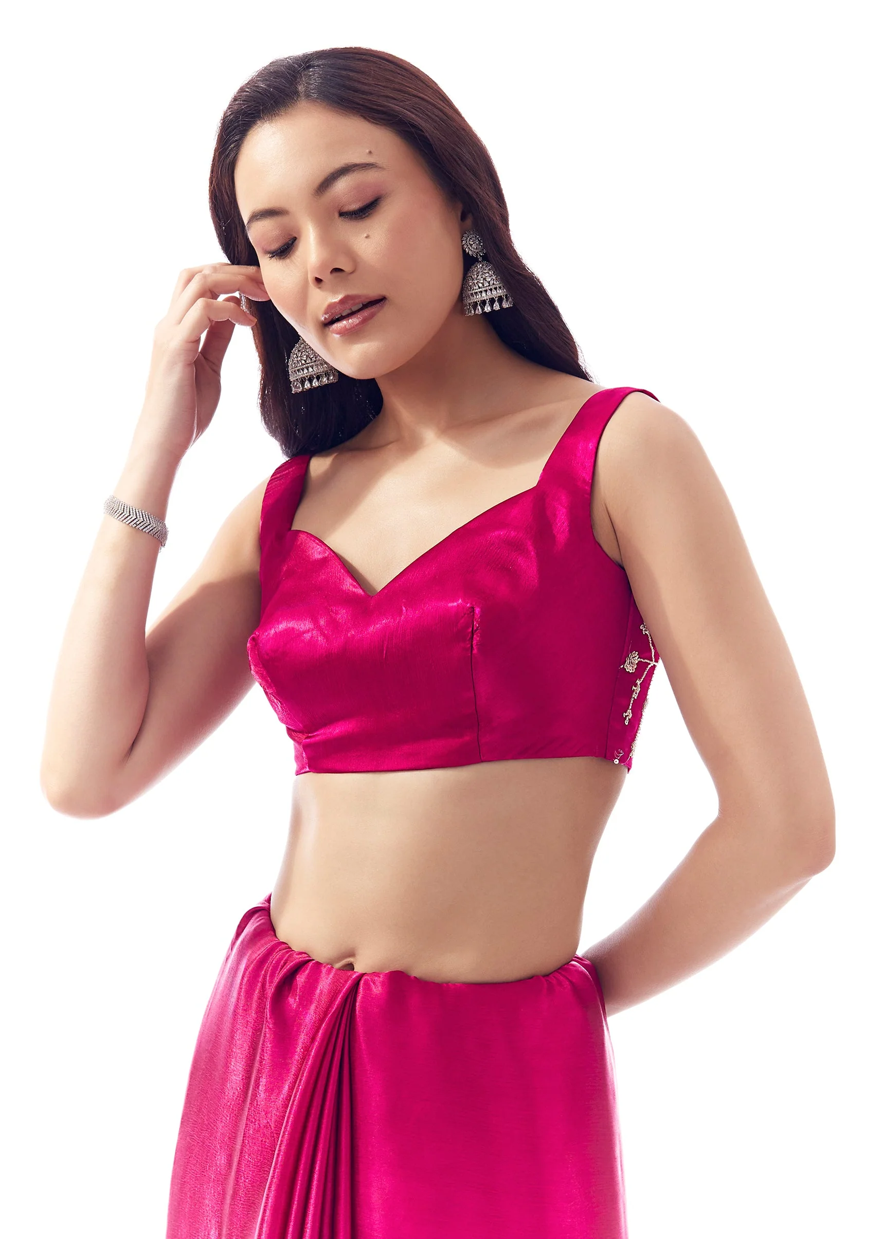Rani Pink Satin Chinon Saree With Cutwork Floral Embroidered Border - Image 7