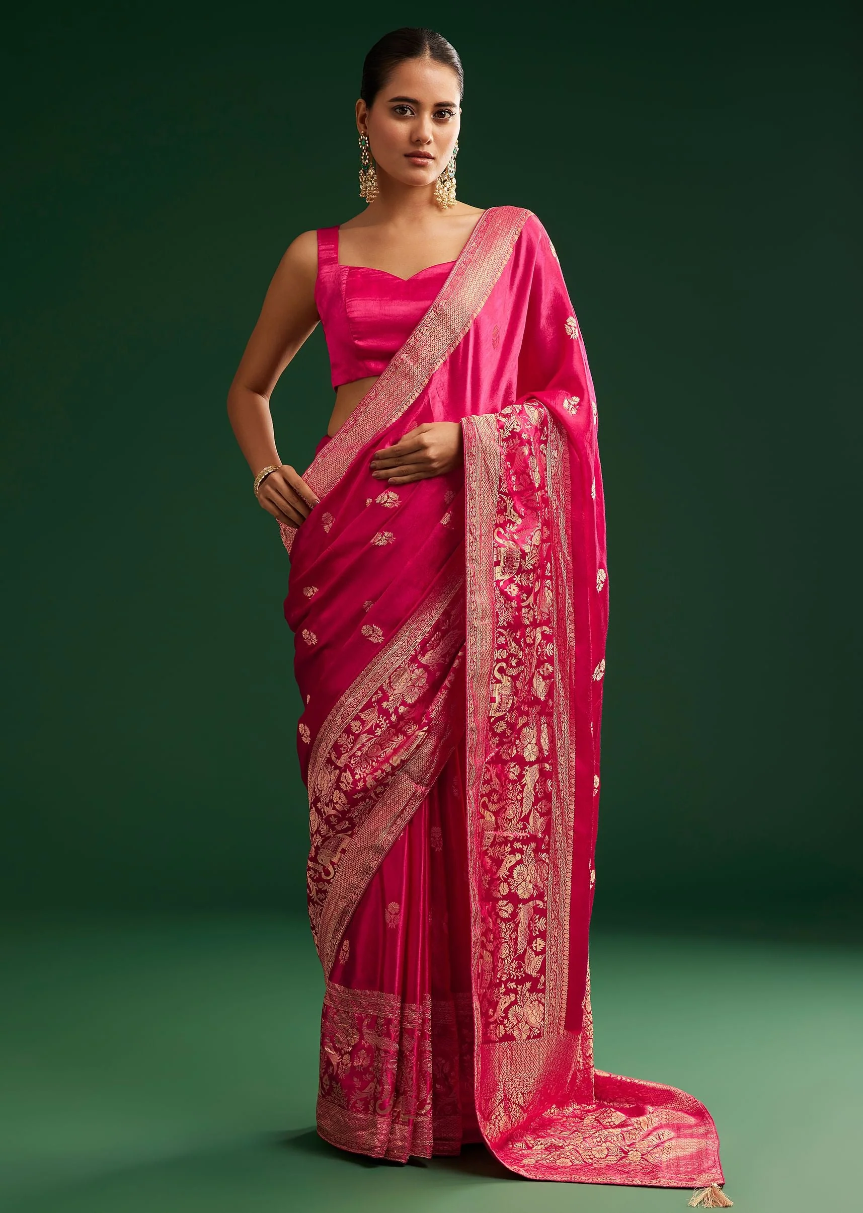 Rani Pink Satin Saree With Zari Woven Design - Image 3