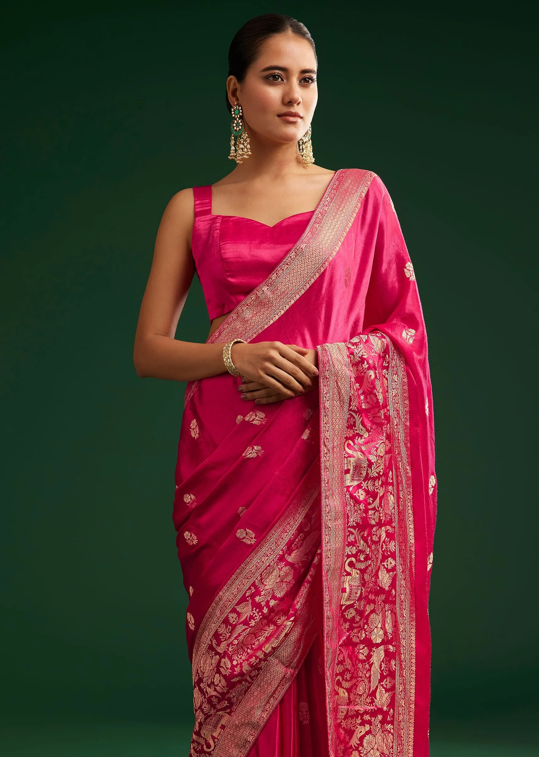 Rani Pink Satin Saree With Zari Woven Design - Image 5