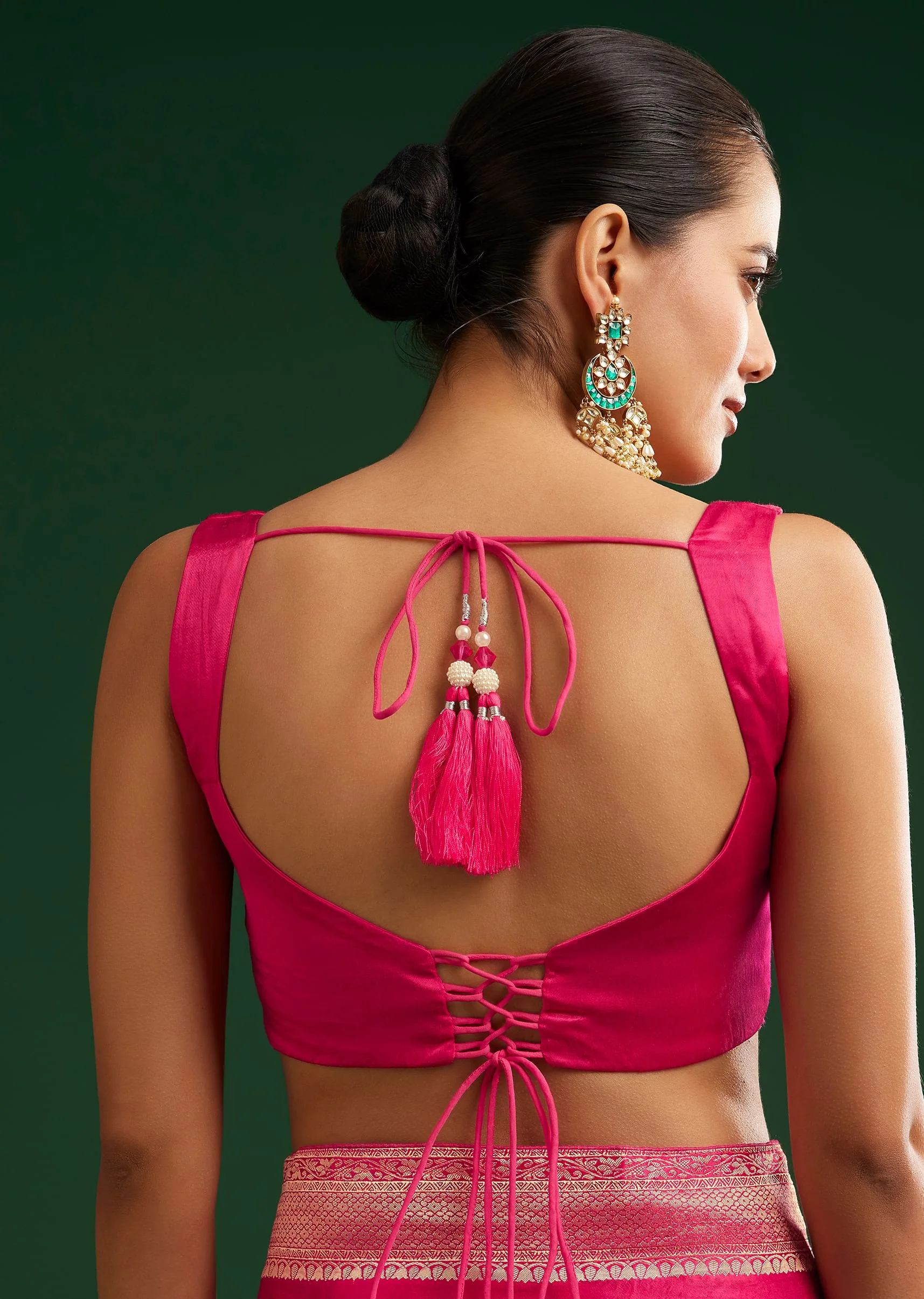 Rani Pink Satin Saree With Zari Woven Design - Image 8