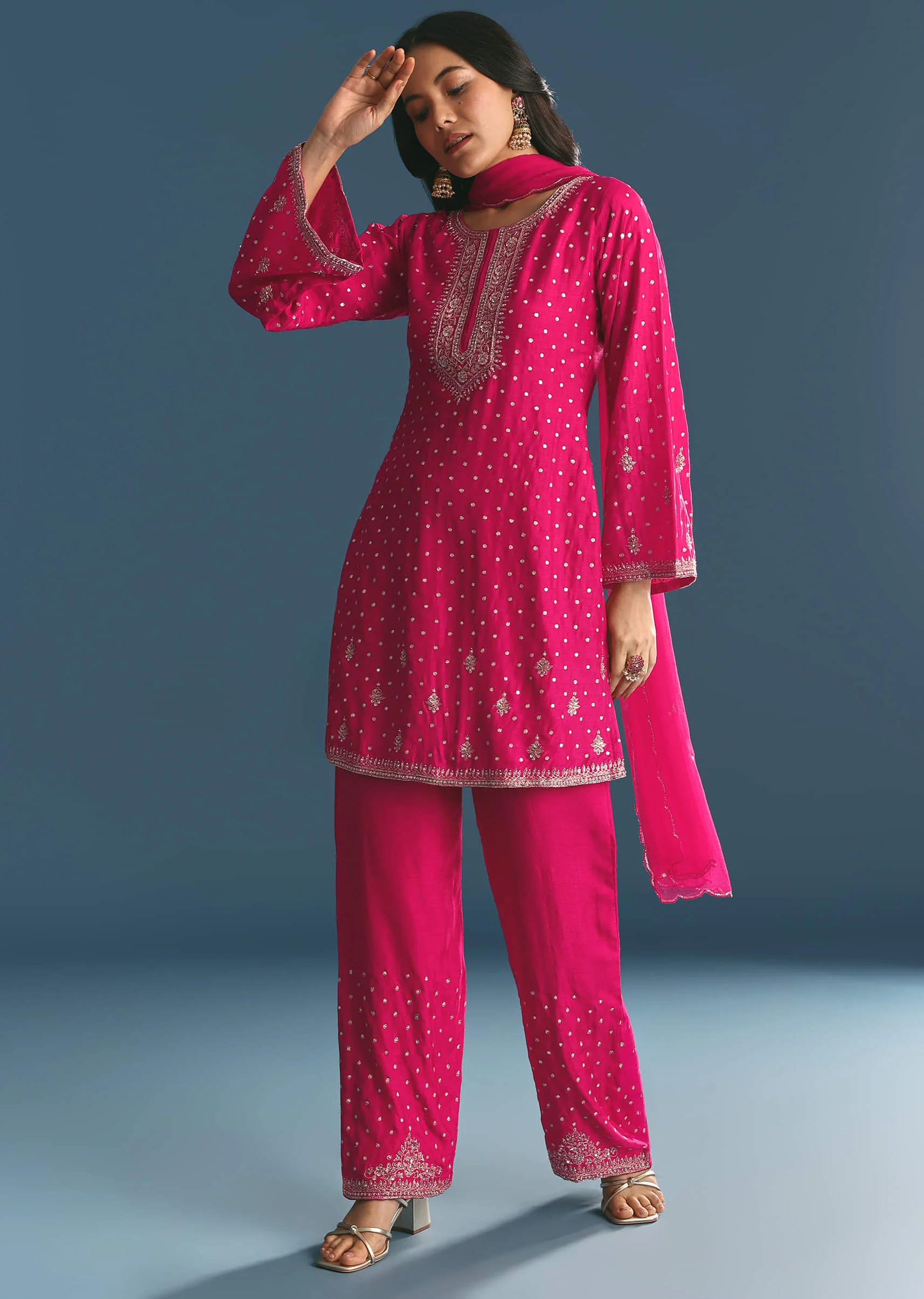 Rani Pink Silk Embroidered Kurta Set With Dupatta - Image 4