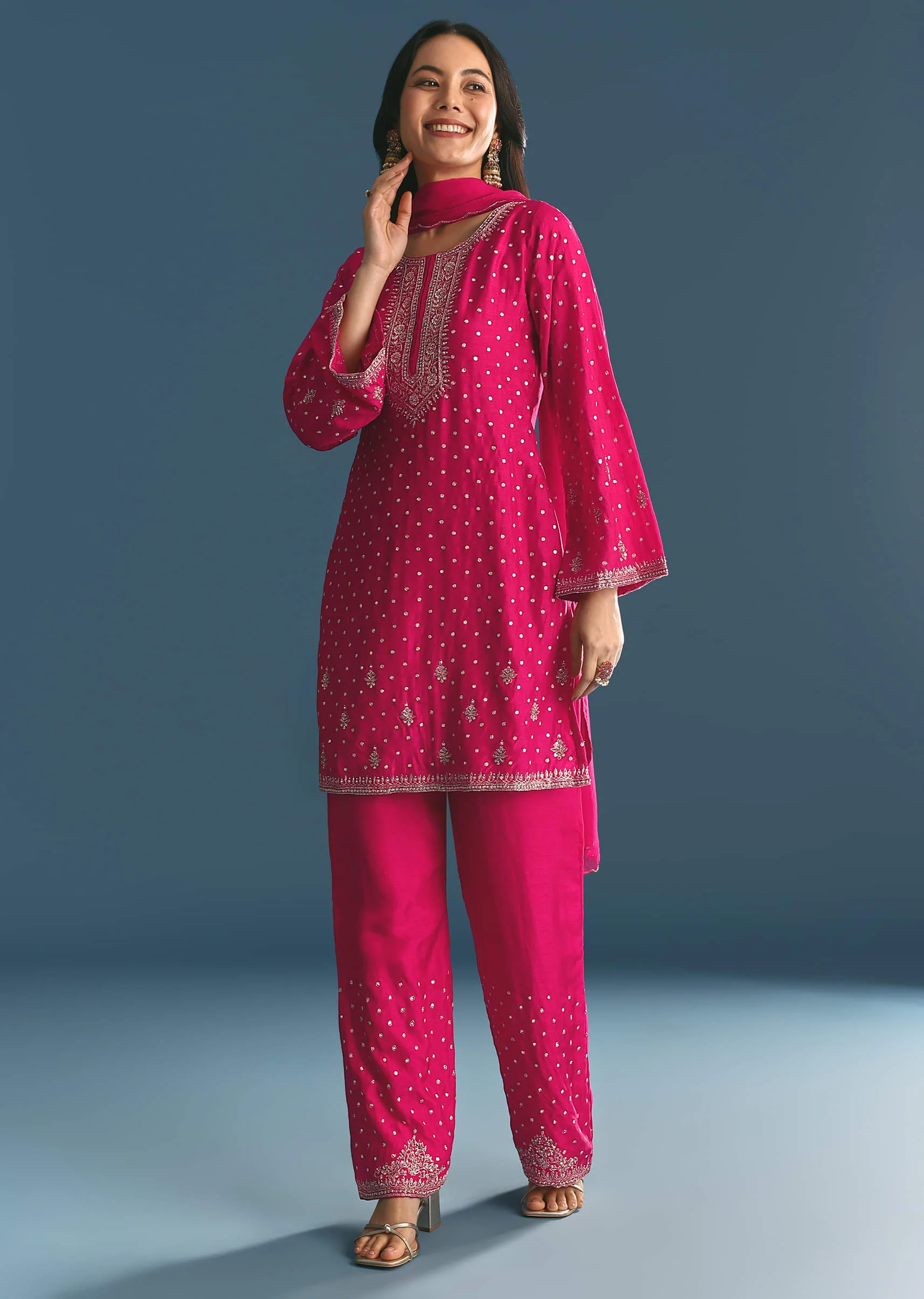 Rani Pink Silk Embroidered Kurta Set With Dupatta - Image 7