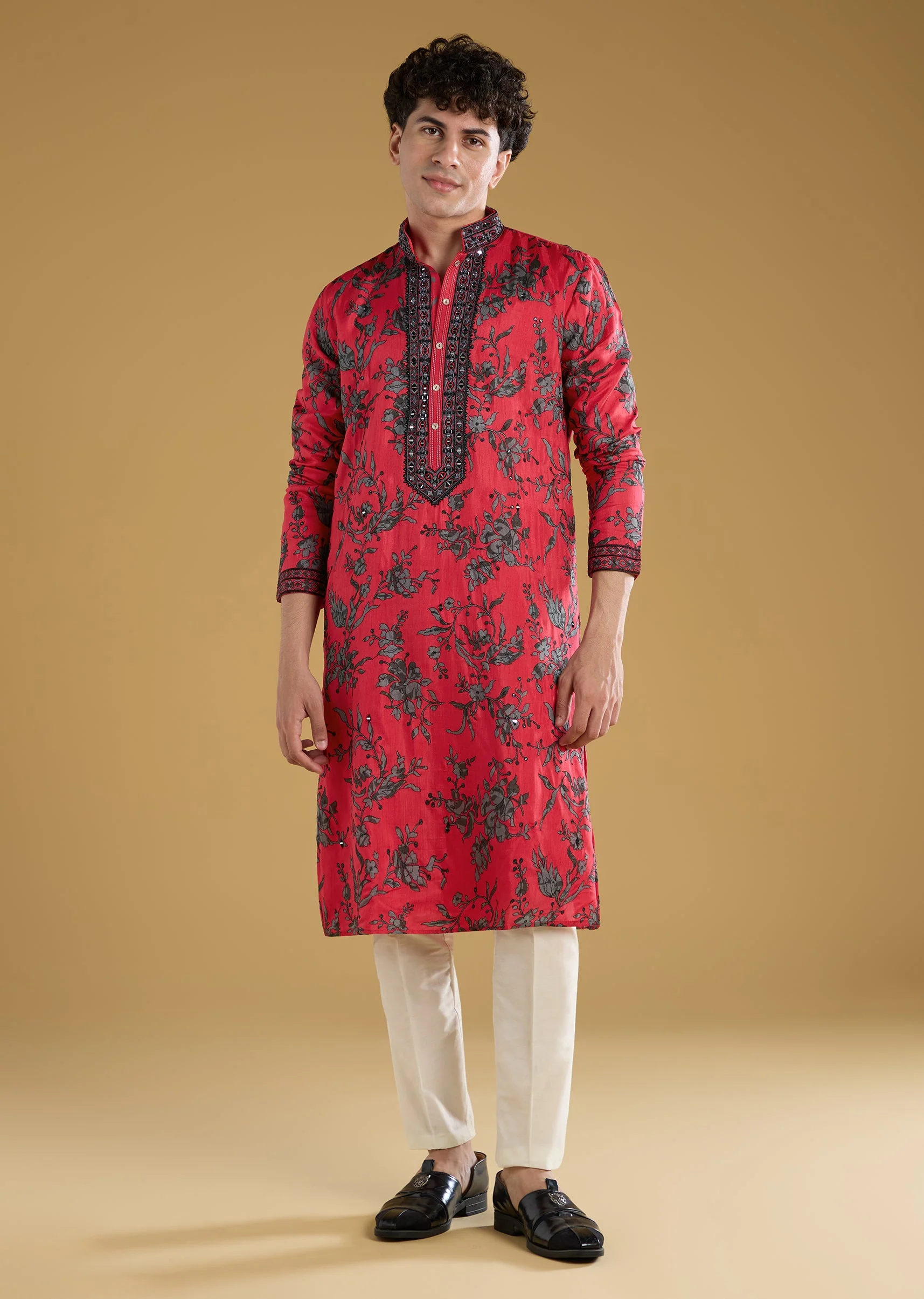 Rani Pink Silk Kurta Set With Thread And Mirror Detail Work - Image 2