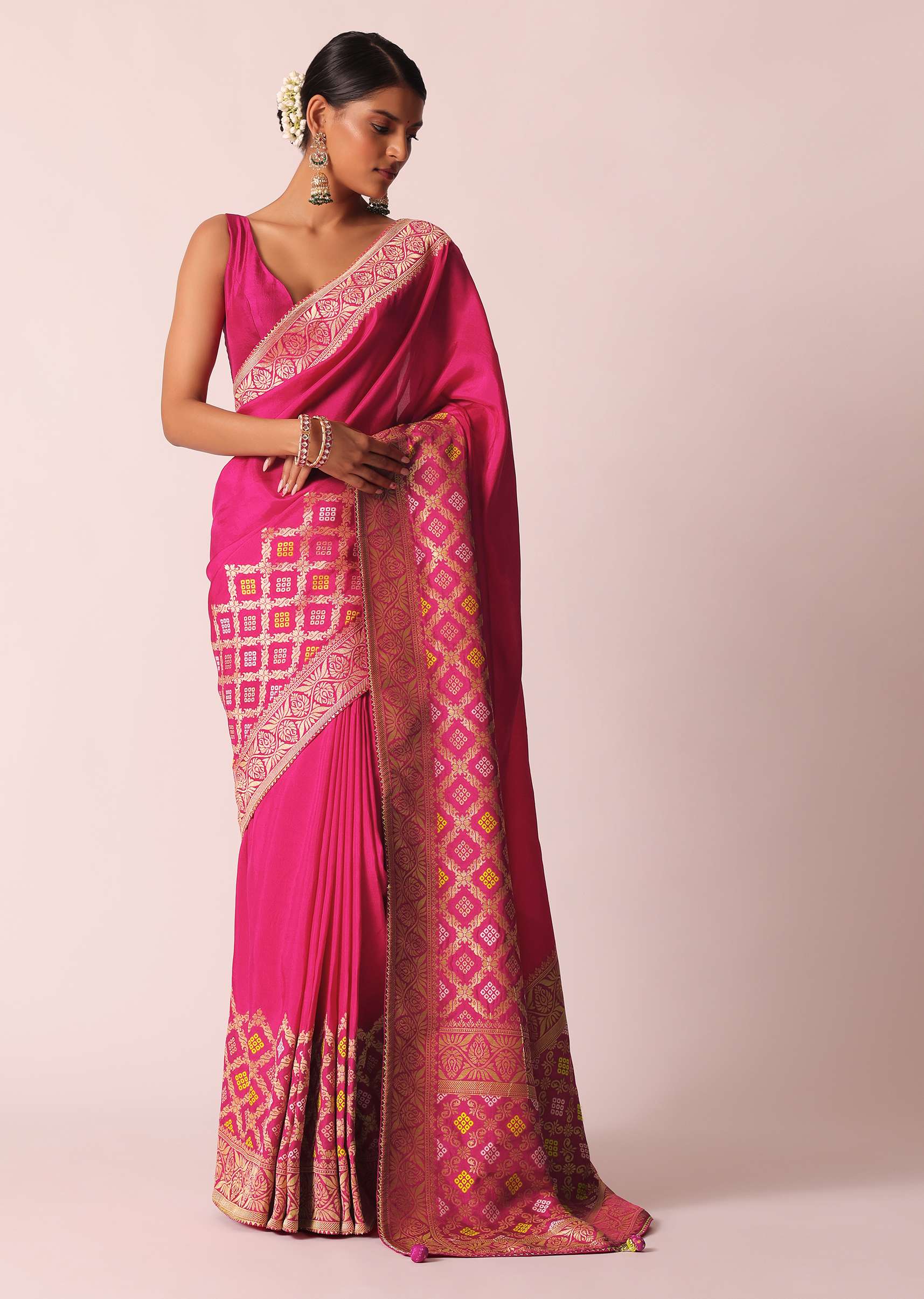 Rani Pink Silk Saree With Bandhani Detail And Unstitched Blouse Piece - Image 3