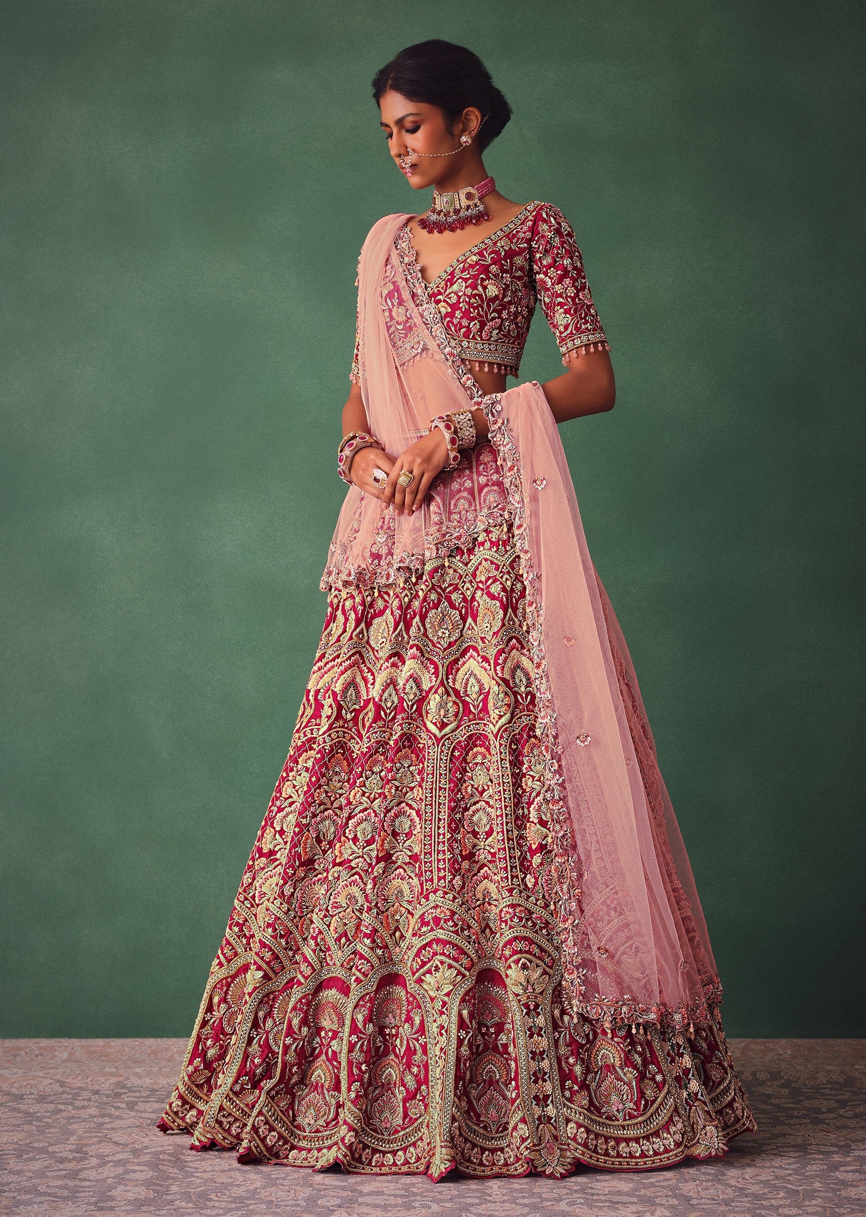 Raw Silk Red Bridal Embroidered Lehenga Set - Image 3