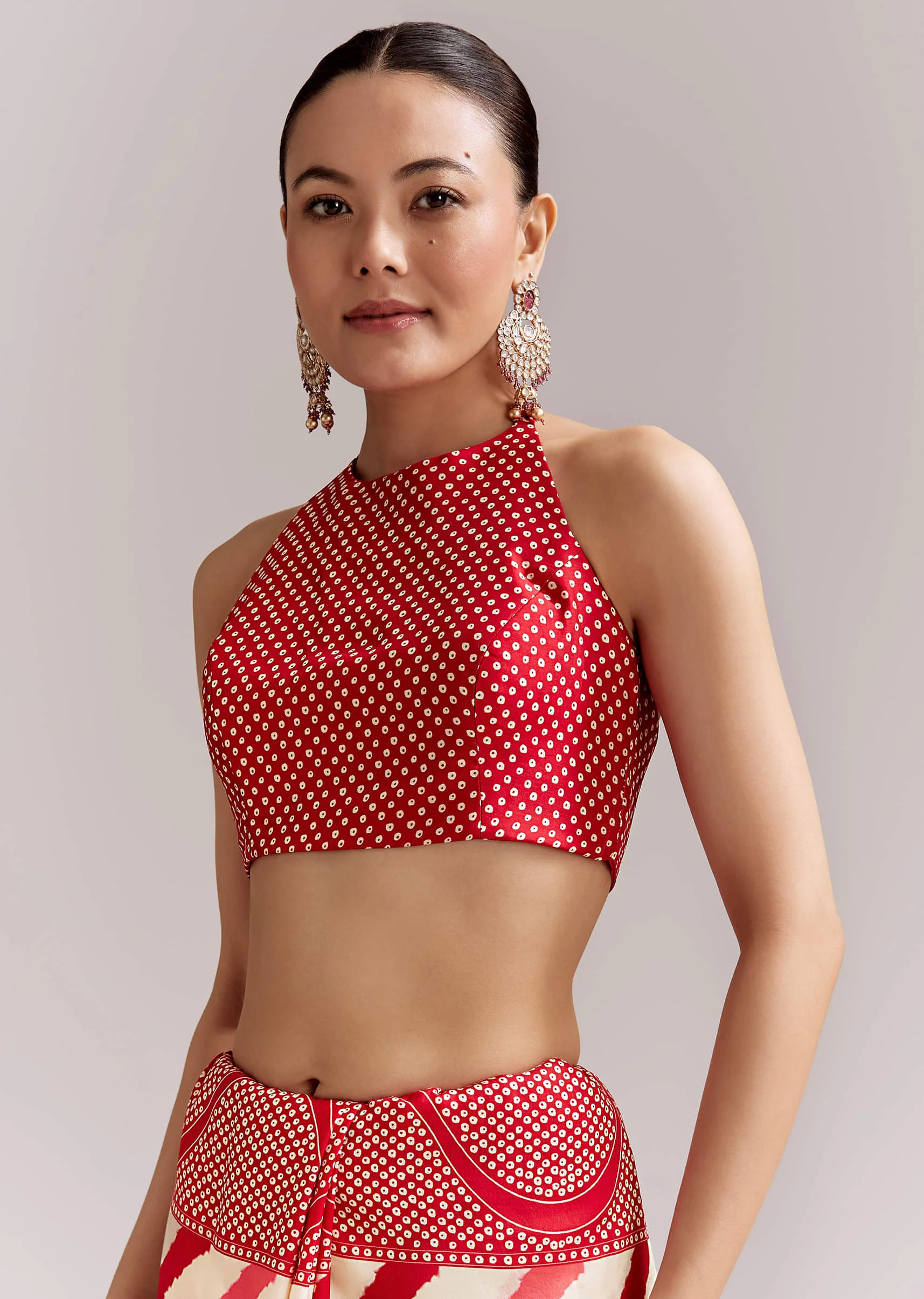 Red And Off White Silk Saree With Lehariya And Bandhani Print - Image 7