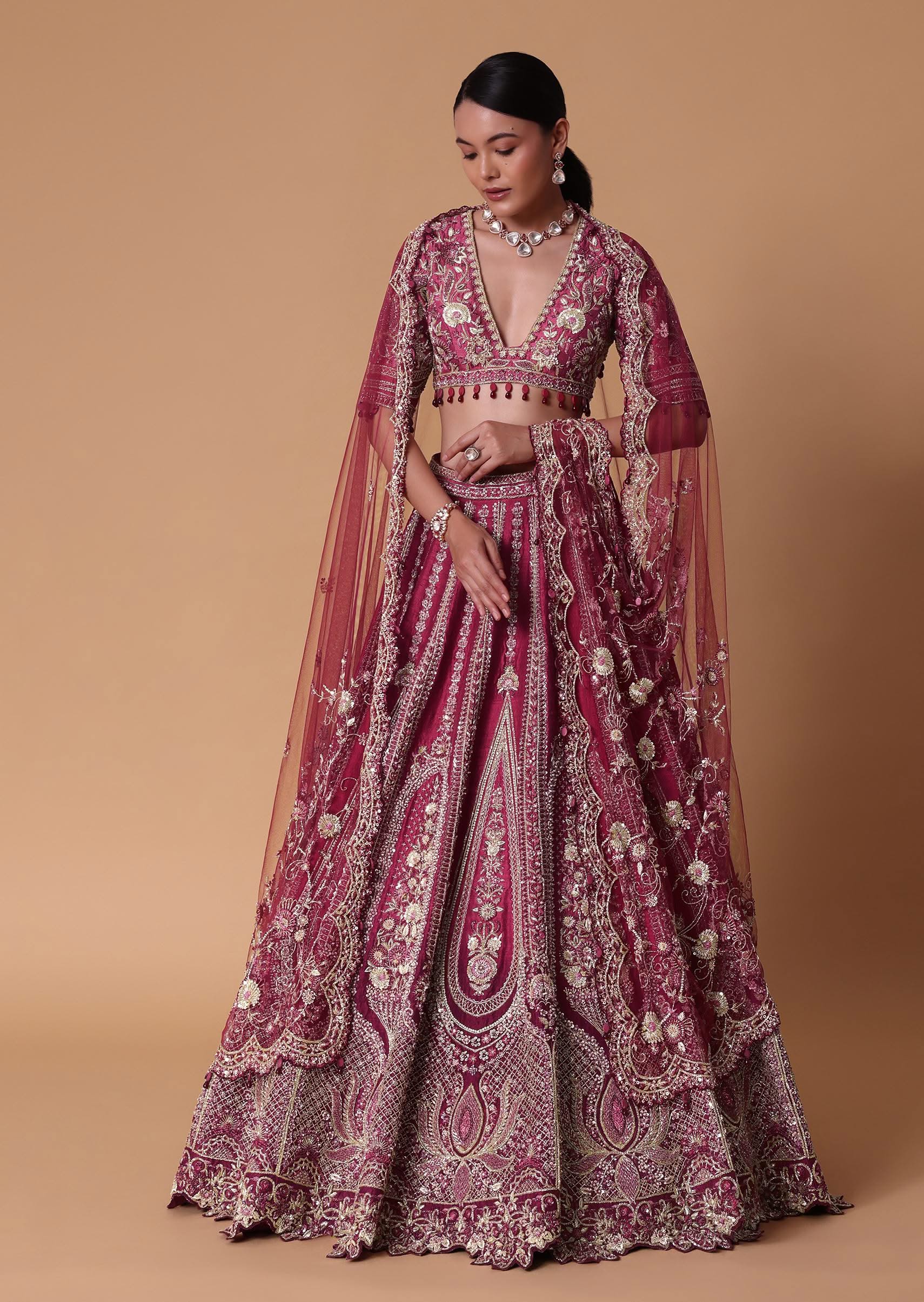 Red Raw Silk Cutdana Lehenga Set With Trail Dupatta - Image 4