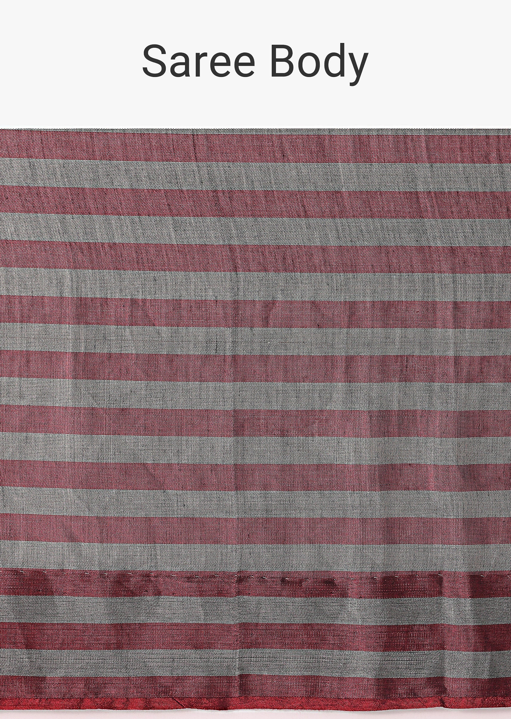 Red And Silver Striped Chanderi Tissue Saree With Pipe Finish Stitched Blouse - Image 8