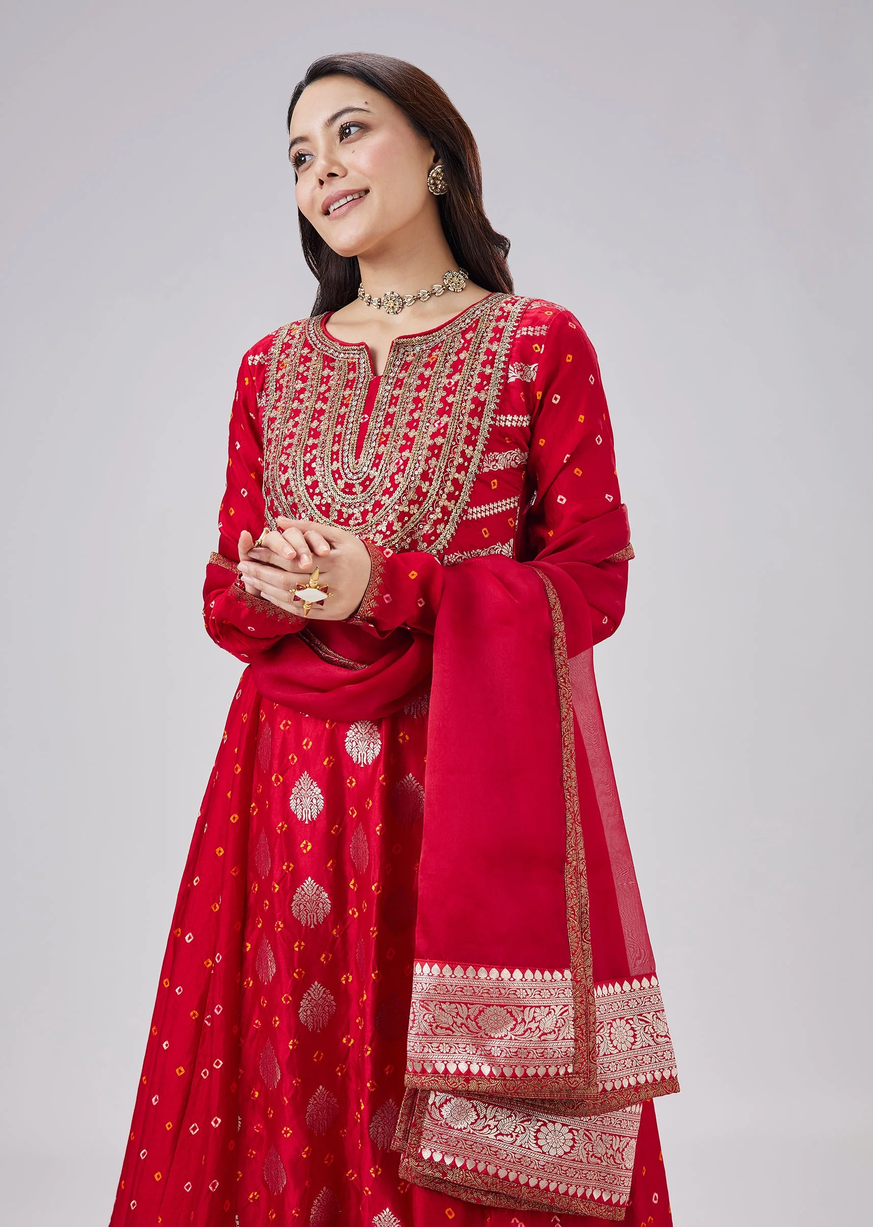Red Banarasi Bandhani Silk Anarkali Set With Dupatta - Image 4