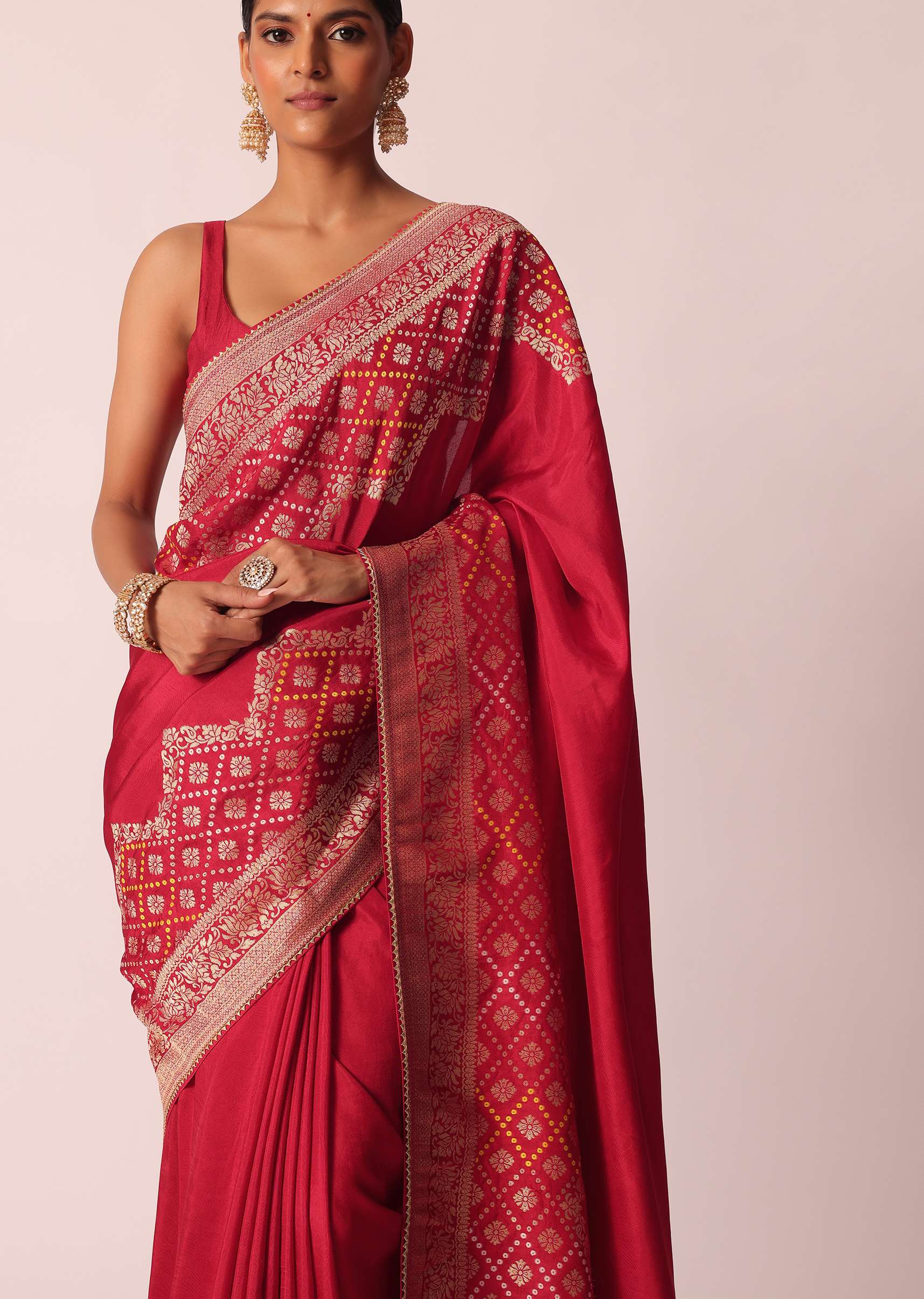 Red Bandhani Weave Saree In Silk With Unstitched Blouse Piece - Image 2