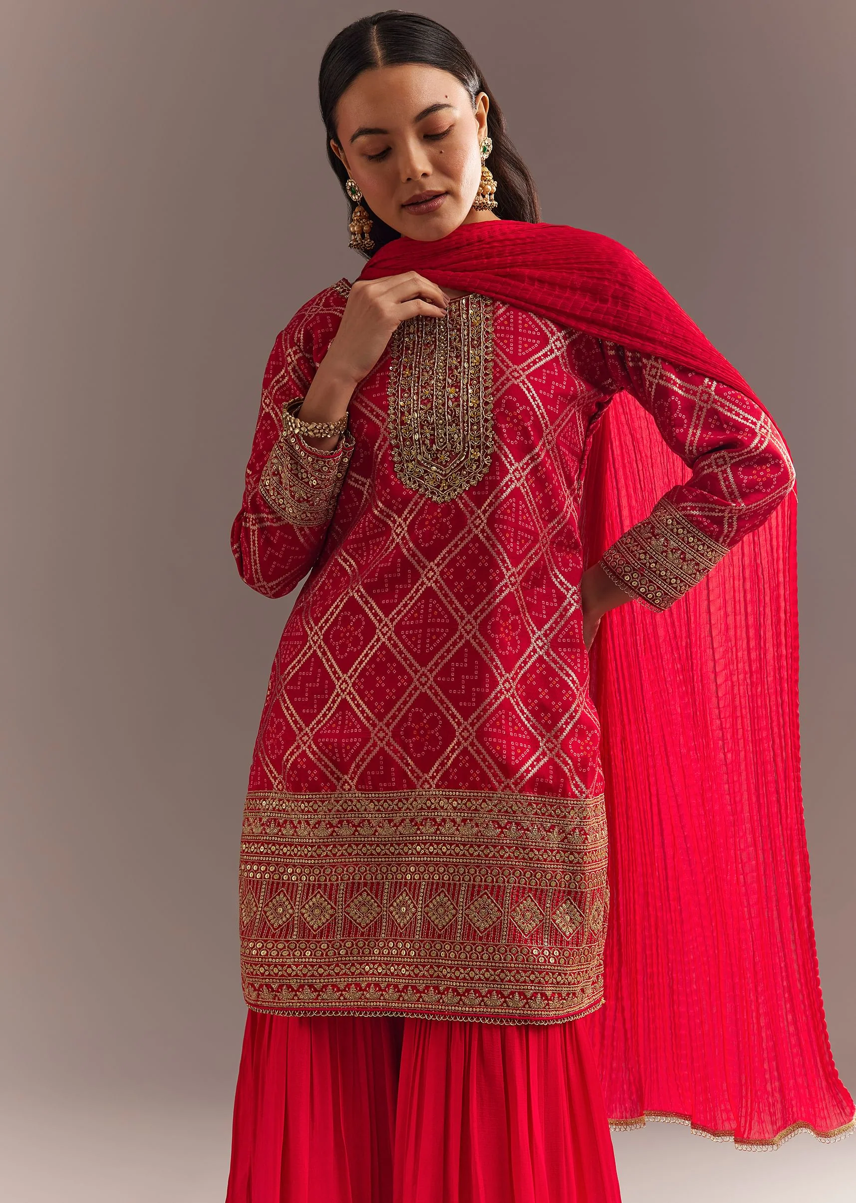 Red Bandhani Zari Kurta And Jacquard Sharara With Chiffon Dupatta - Image 4