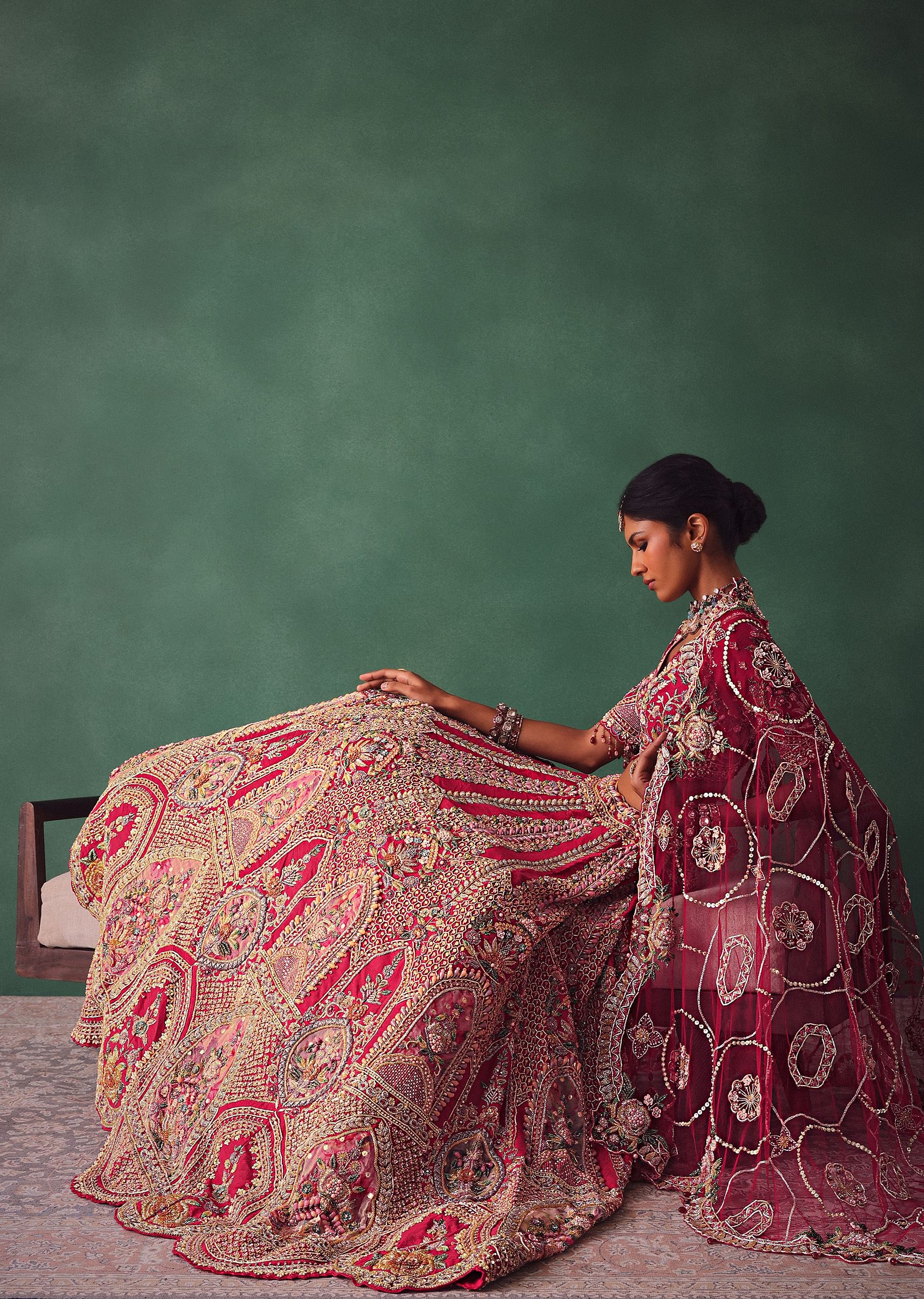 Red Bridal Lehenga With V Neck Blouse Back Dori And Dupatta - Image 3