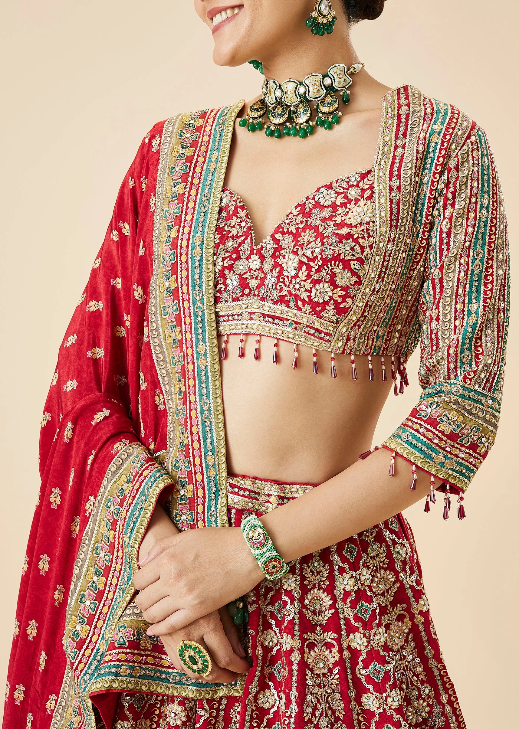 Red Bridal Printed And Embroidered Lehenga Set - Image 3