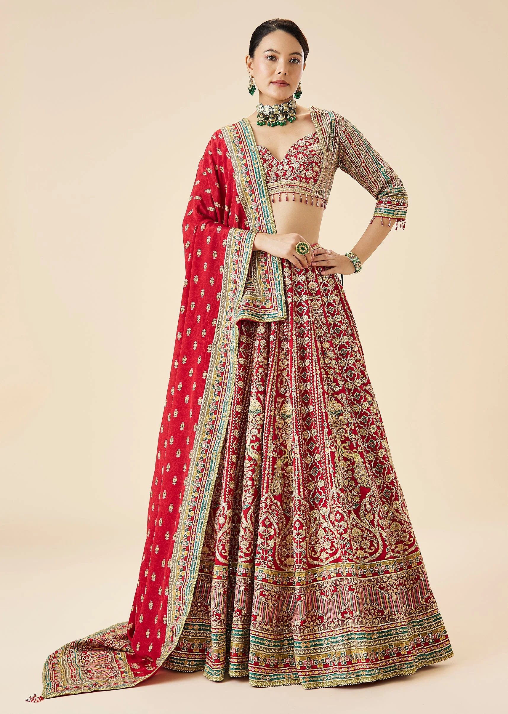 Red Bridal Printed And Embroidered Lehenga Set - Image 4
